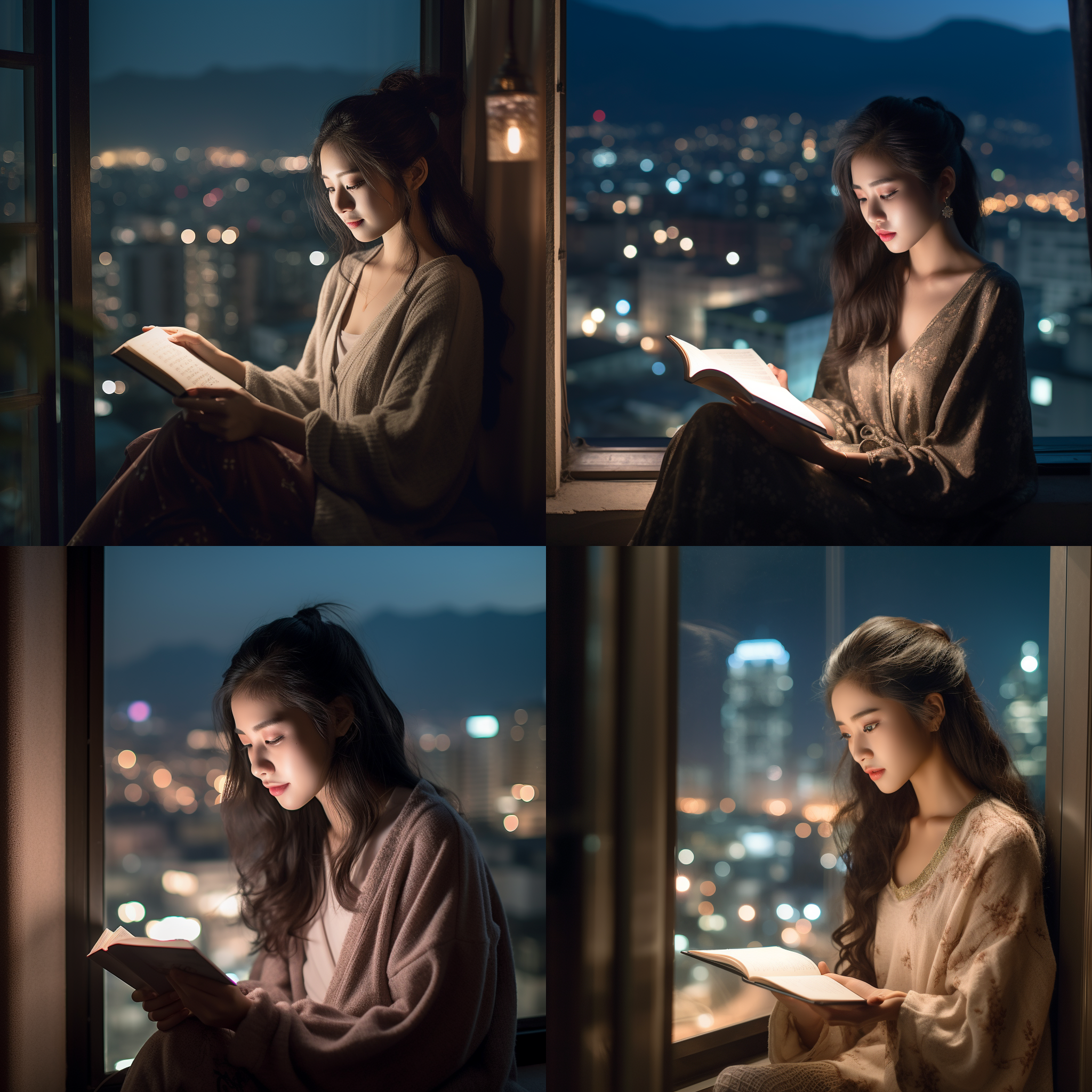 一位年轻中国女孩坐在窗台上，手中拿着一本书，身后是壮观的城市夜景。她的眼神专注而温柔，穿着舒适的衣服，她面容精致，美丽，头发随意地披散在肩膀上。图像采用暖色调，具有柔和的光线和轻柔的模糊效果。读书可以带给人们平静和力量，这张照片将这种情感传达得淋漓尽致。书籍、城市夜景、女孩、温柔、平静、力量、柔和、模糊。