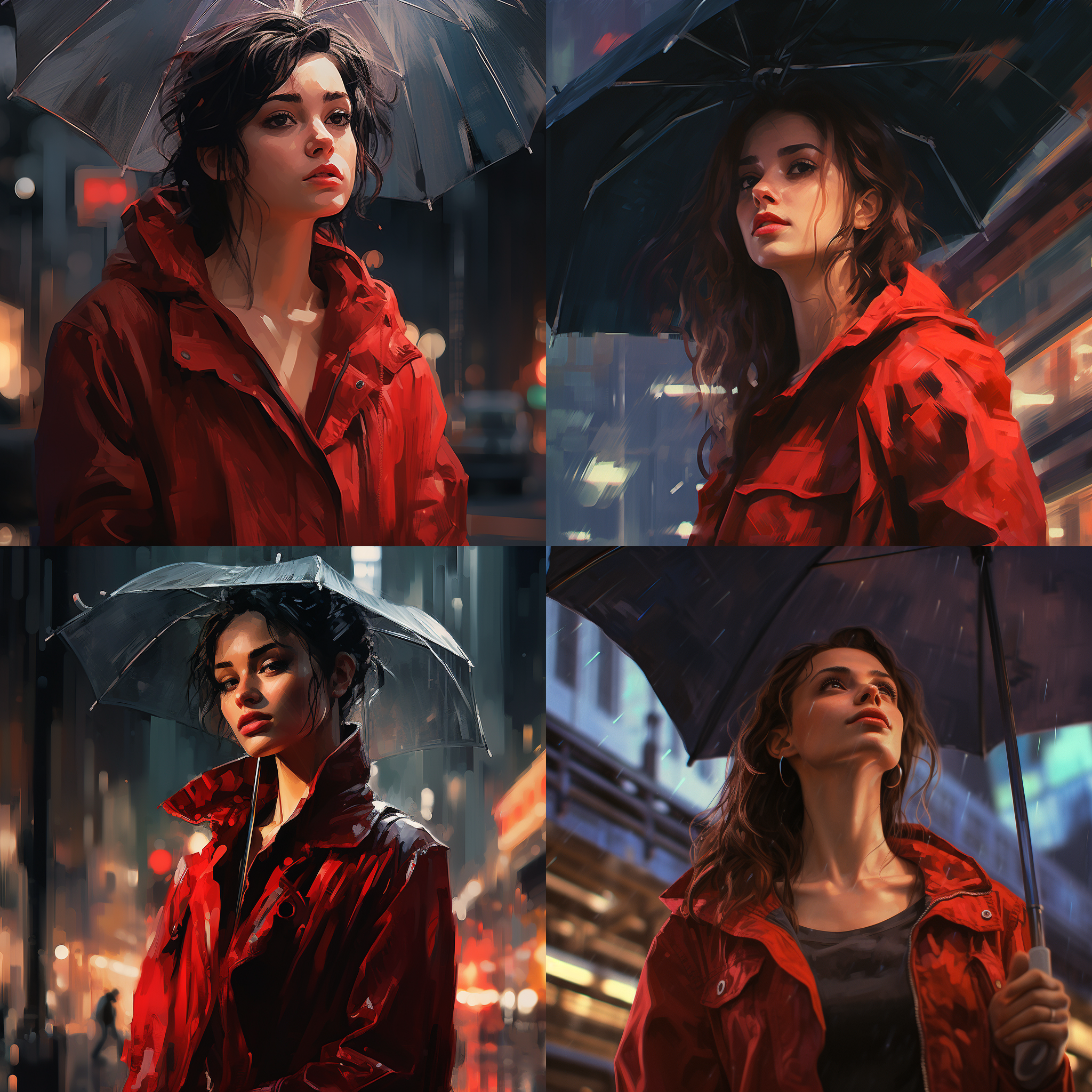 城市十字路口，红风衣女子伞下，抬头眺望。环境街道，雨中光斑，迷人色彩，凝视，优雅。