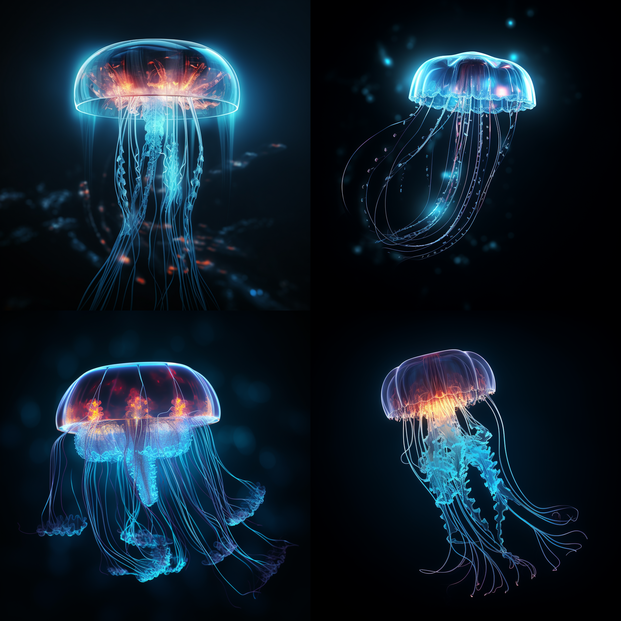 透明的水母线框全息图，黑暗背景下，蓝线发光，高级细节，8k画质，长焦镜头，环境光，漂浮，神秘。
