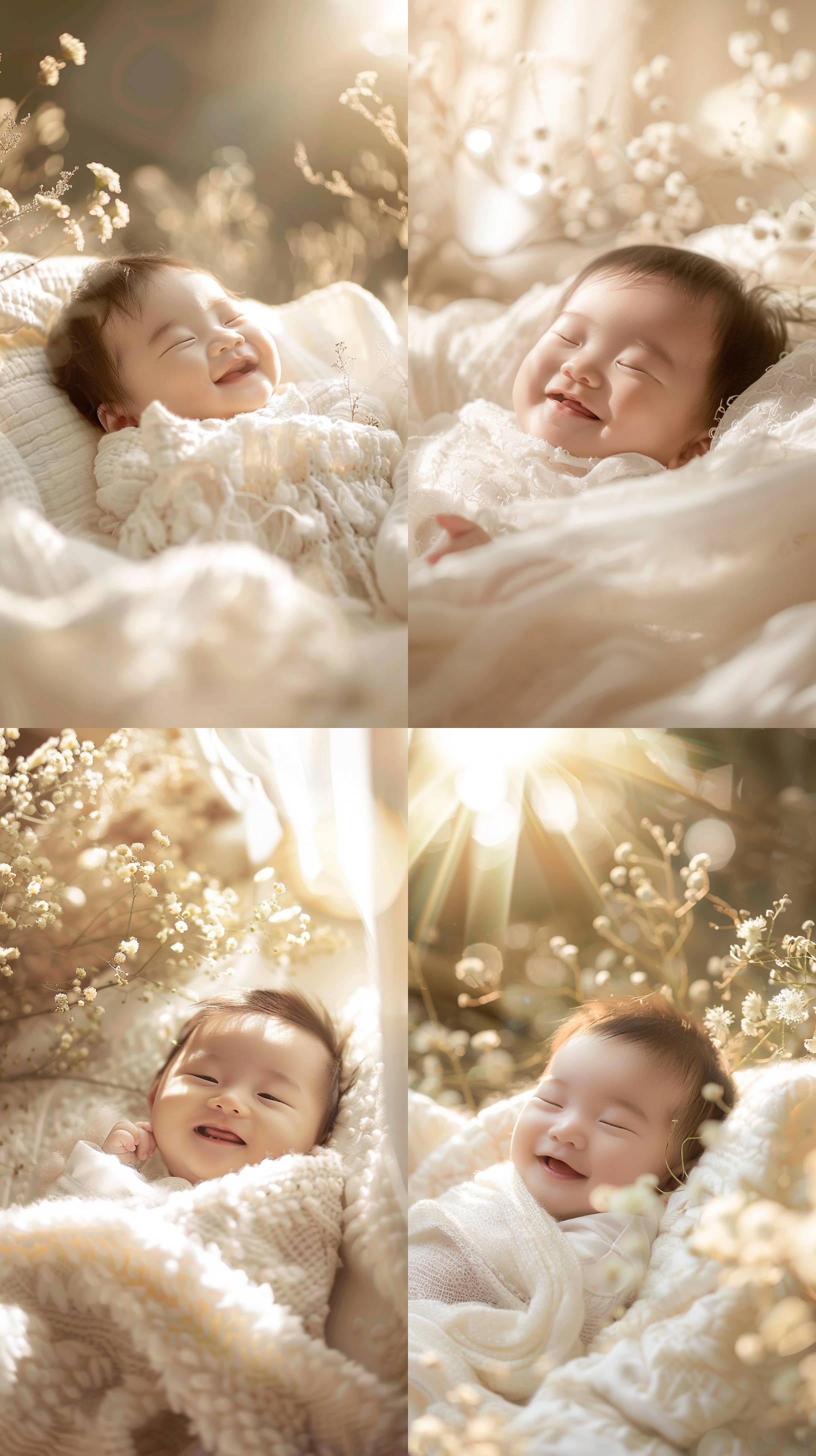 中国新生婴儿，白纱巾，温暖阳光，宝宝微笑，柔焦，自然环境，肖像摄影，柔光，宁静，清澈，温暖色调，纯真。