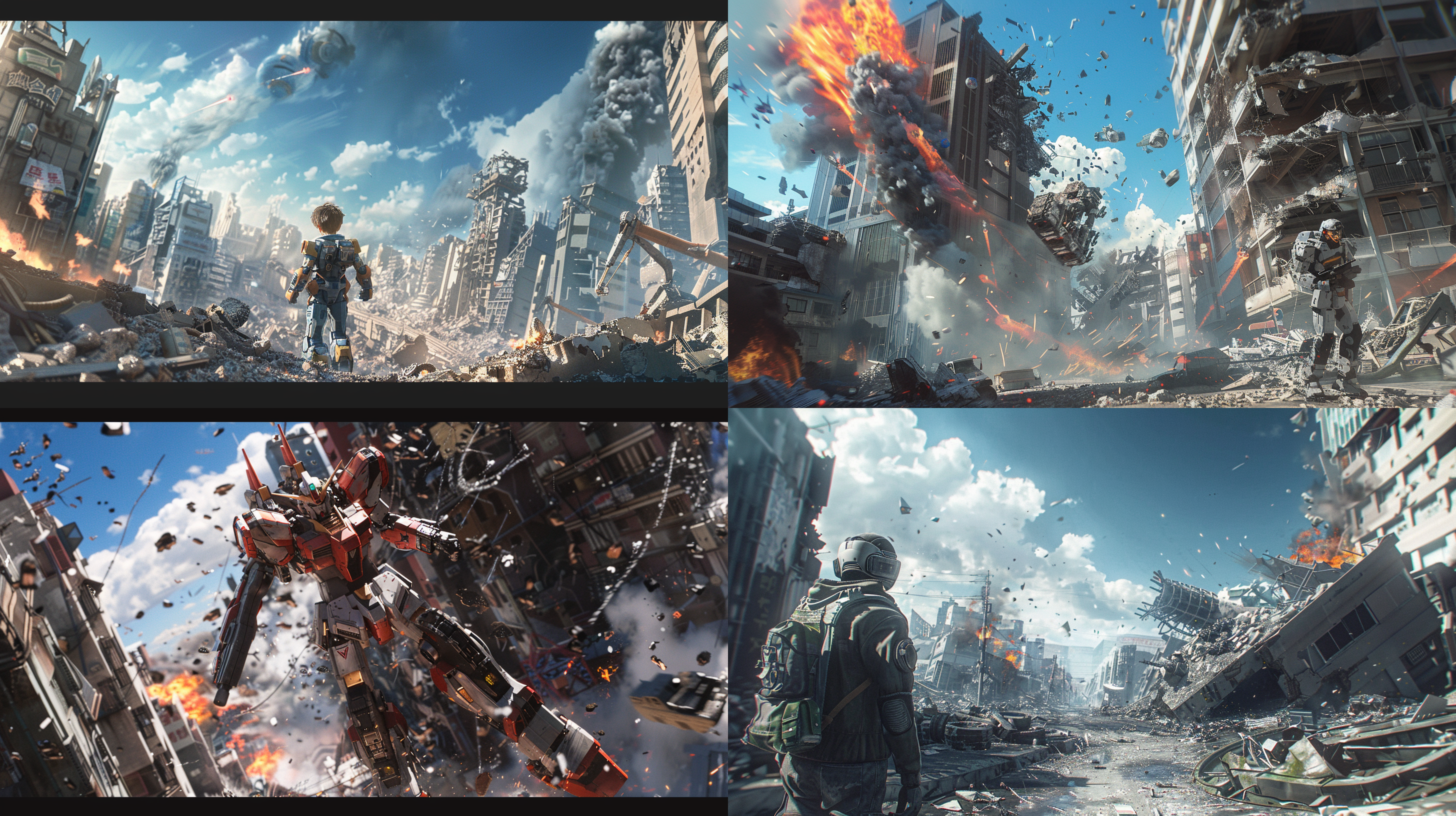 高达战士，机甲风格，cg渲染图，背景城市街道，打斗废墟，小男孩，驾驶员服装，32k广角镜头，高保真，蓝天，壮观，动作战斗，金属质感，火焰，紧张。