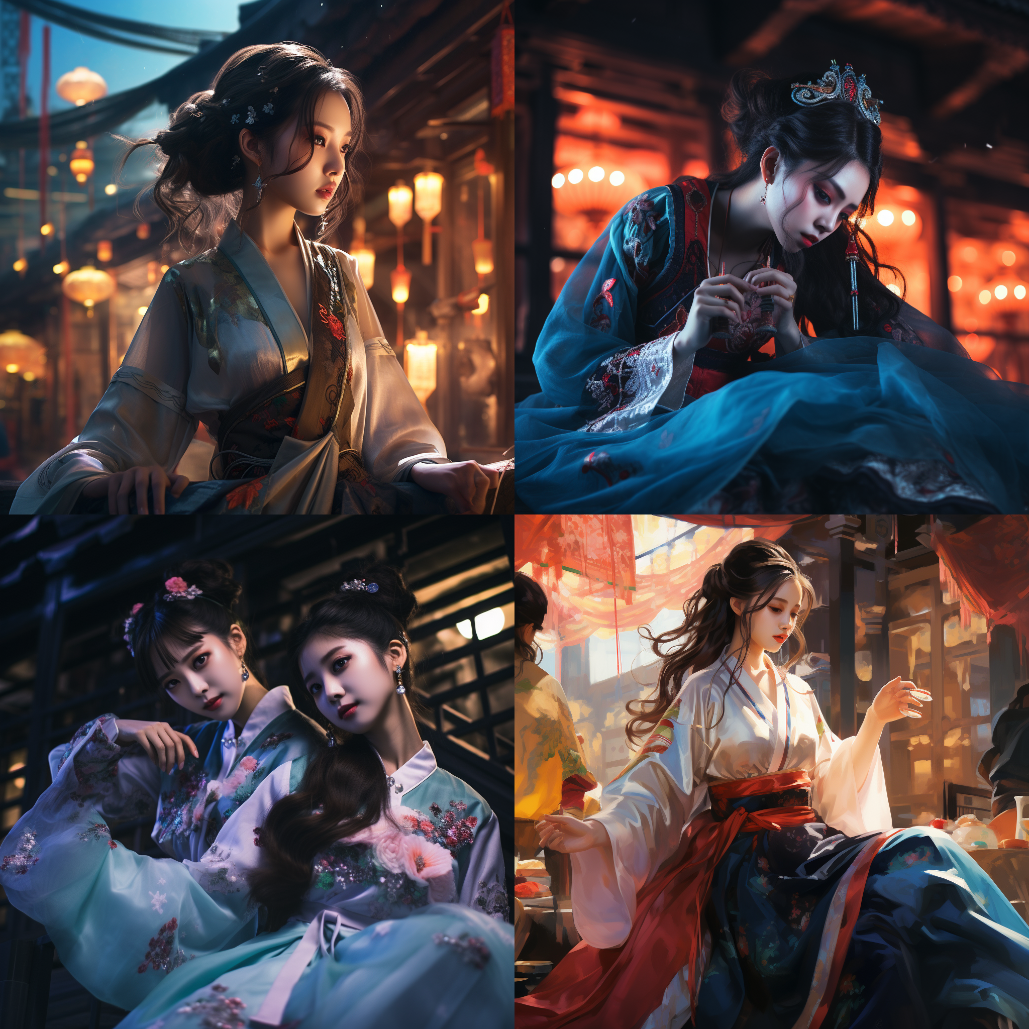 汉服美女手持ak，古风现代融合，逆光剪影，城市背景，霓虹灯光，低角度，动作凝重，神情坚毅，明亮色调，强烈对比，怀旧情绪。