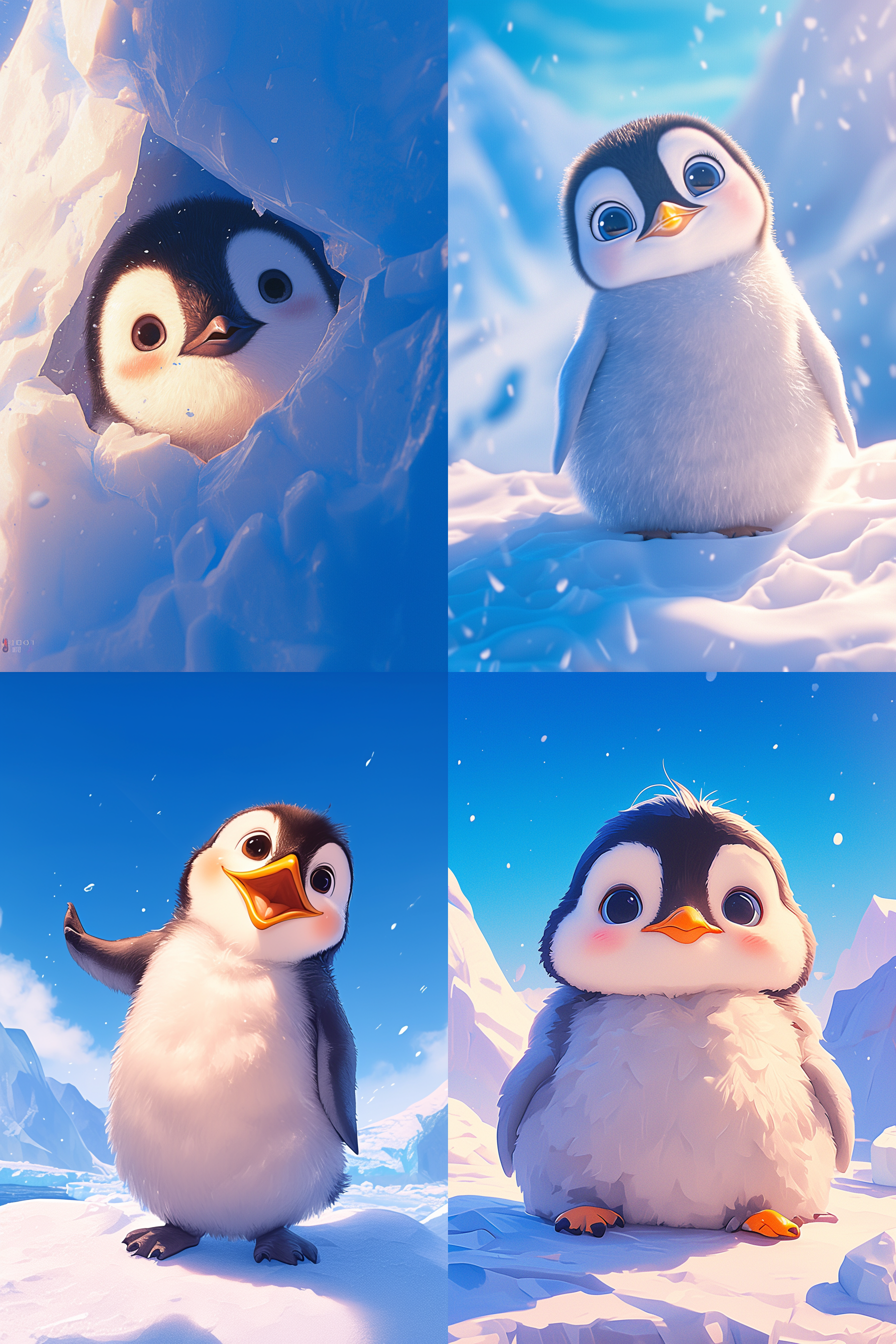 一只企鹅侧身，卡通，高清画质，精致细节，商业插画，南极冰雪背景，镜头特写，明亮色彩，可爱表情，活泼。 标志