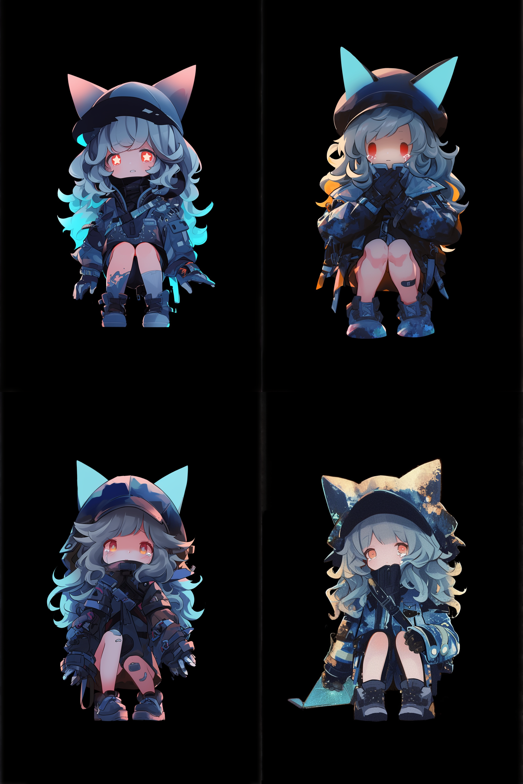 蹲下，星星眼，哭，流眼泪，害怕，恐惧,衣服换颜色