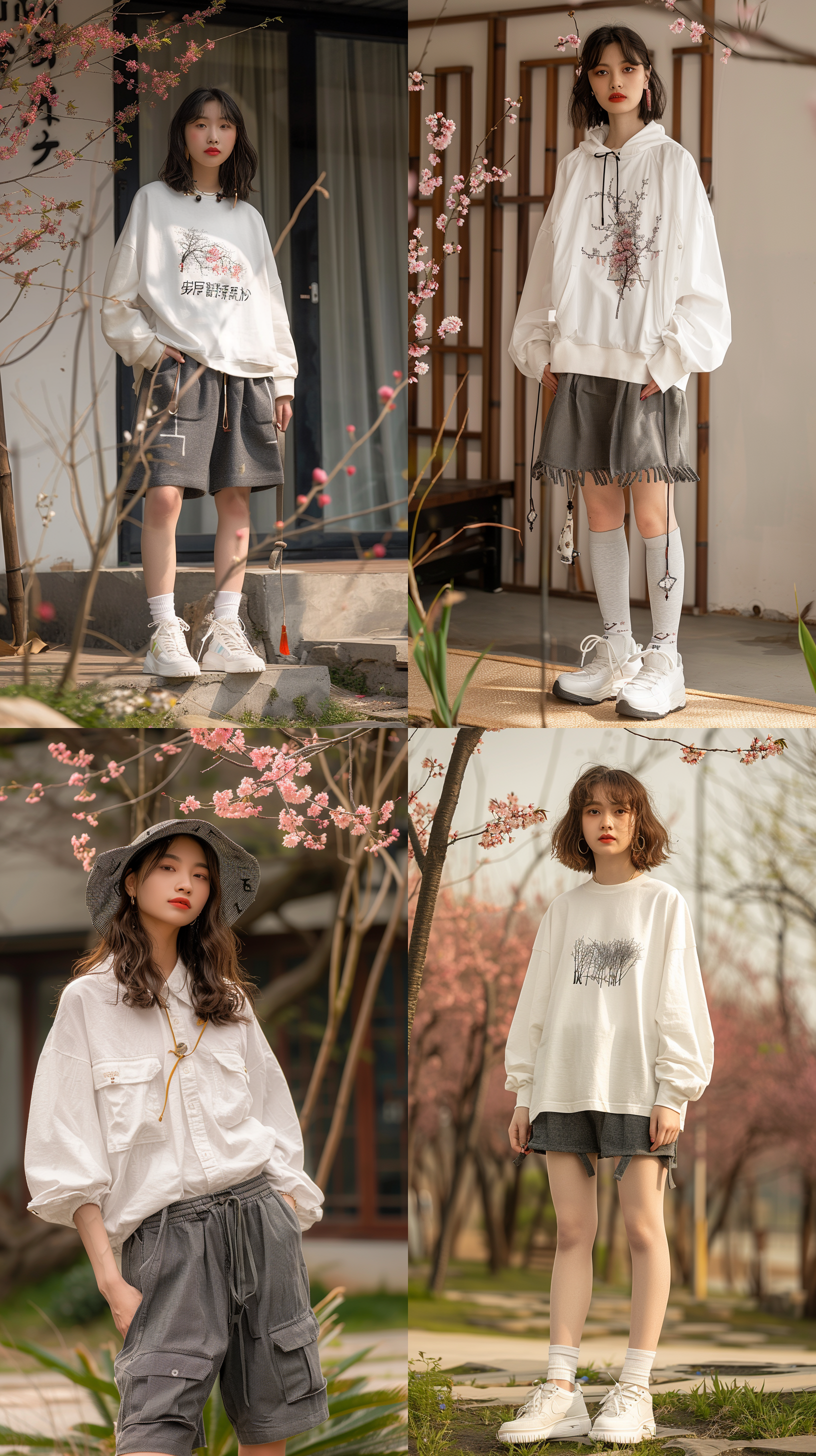 18岁女孩，高清拍摄，写实风格，全身照，室外拍摄，摄影棚，短裤，光线充足，粉色樱花，正面光，清新，50mm定焦镜头