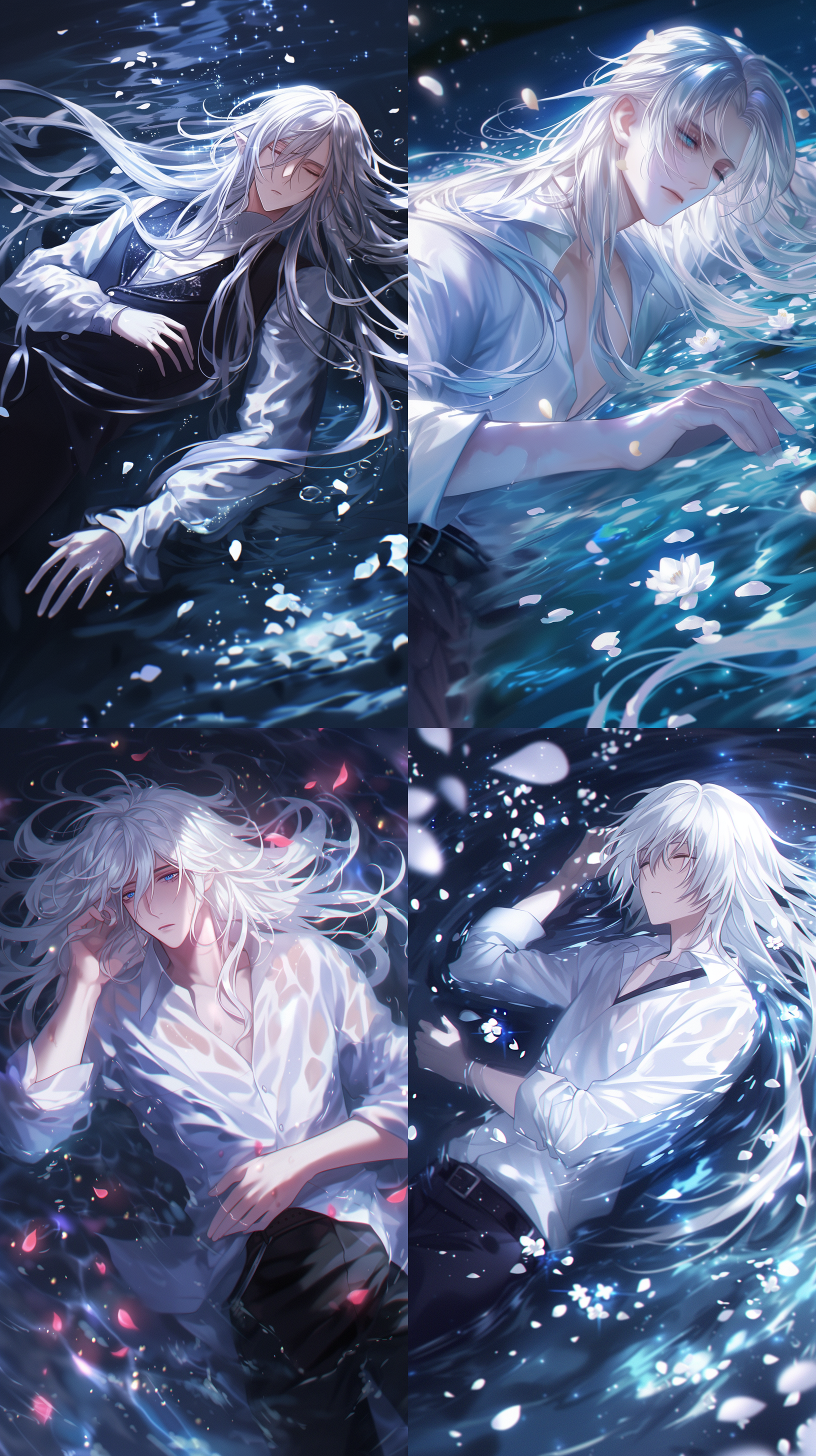 16岁少年，银发长发，水中，花瓣，蓝色眼睛，浮在水面，光线明亮，休闲服，帅气，闭眼，夜晚