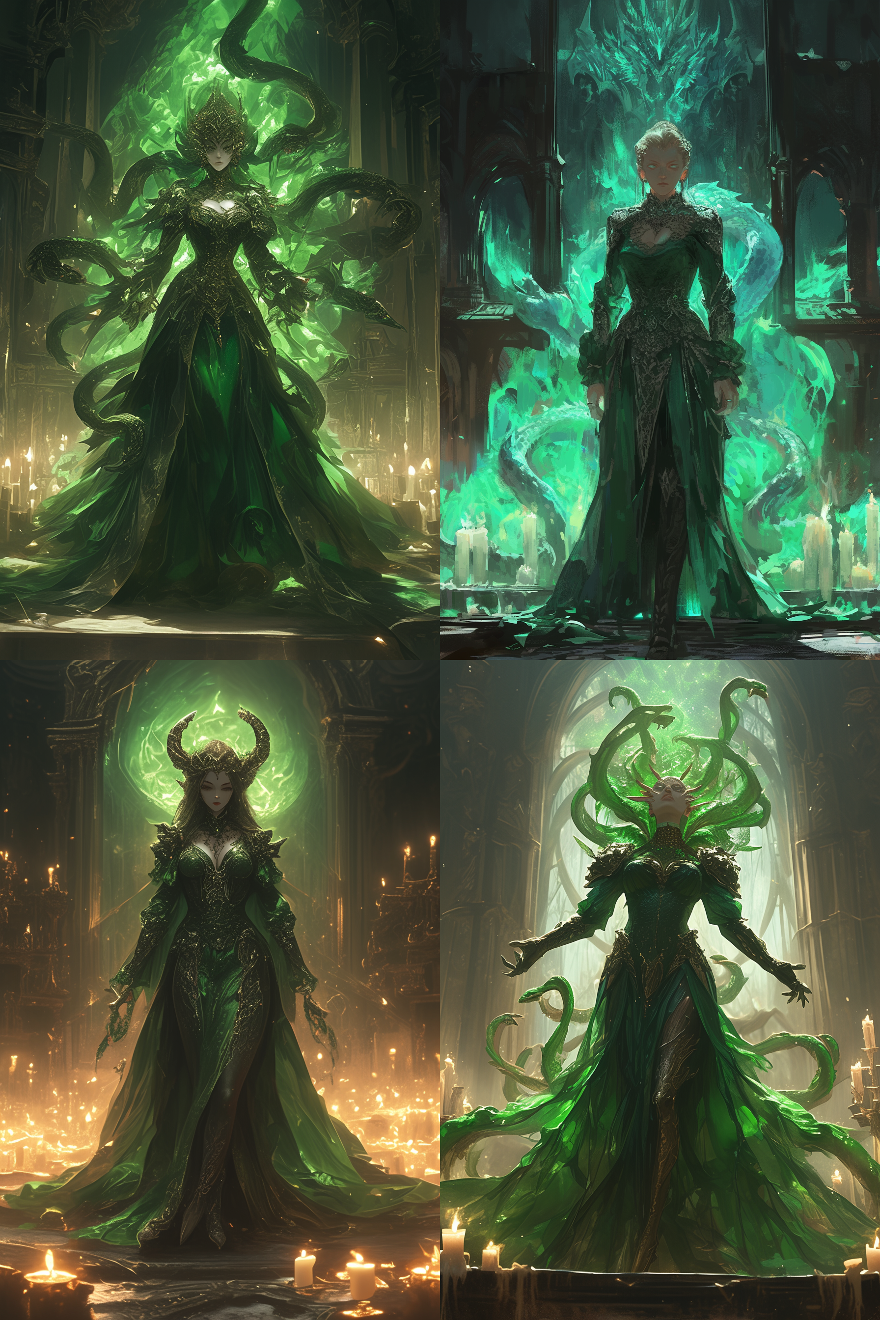 瘦弱，绿色衣服，正视图，背景在暗色的宫殿里，旁边有精致的蜡烛美人，魔女， 七头身，全身照，腰带是蛇的样子，肖像模式，低光环境，长焦镜头，神秘氛围，绿色调，威严。