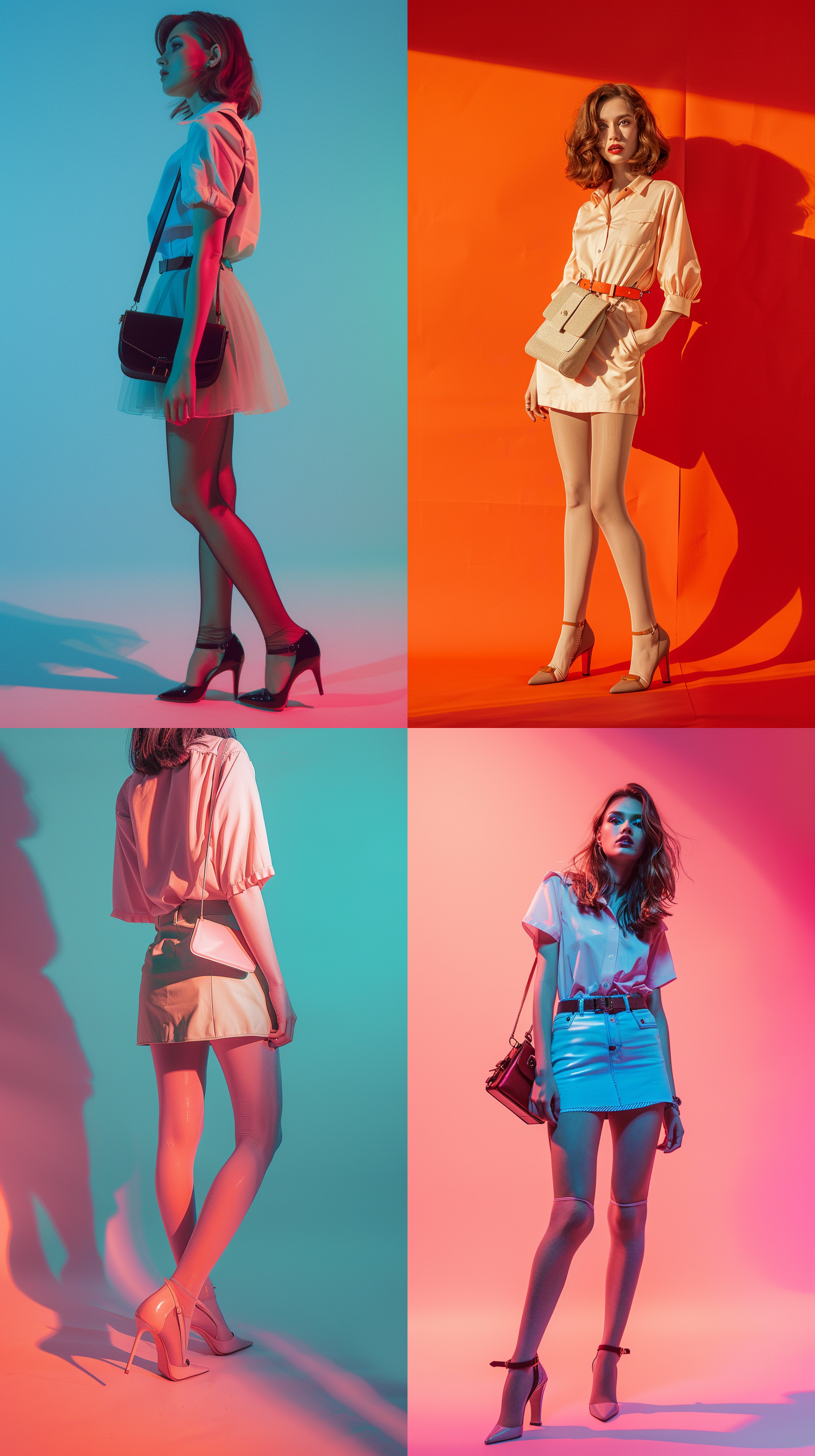 女式裤袜在纯色背景上，高清摄影，20岁女性，女式肩包，摄影棚，光线明亮，短裙，衬衫，高跟鞋，活泼