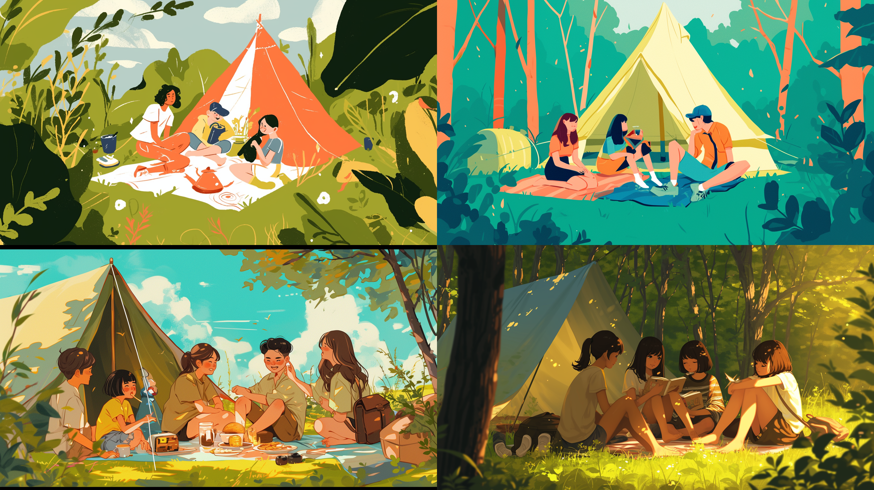 blue :：3 green,with three or more colors，summer is full of vitality. there is a tent by the edge of the forest, simple and fresh. a group of asian fashionable young people sit on the grass, surrounded by mats. cute illustrations in a whimsical style, simple and clean illustrations, hand drawn illustrations, cute artworks, illustrations!, illustration, linda barry, simple details, minimalism