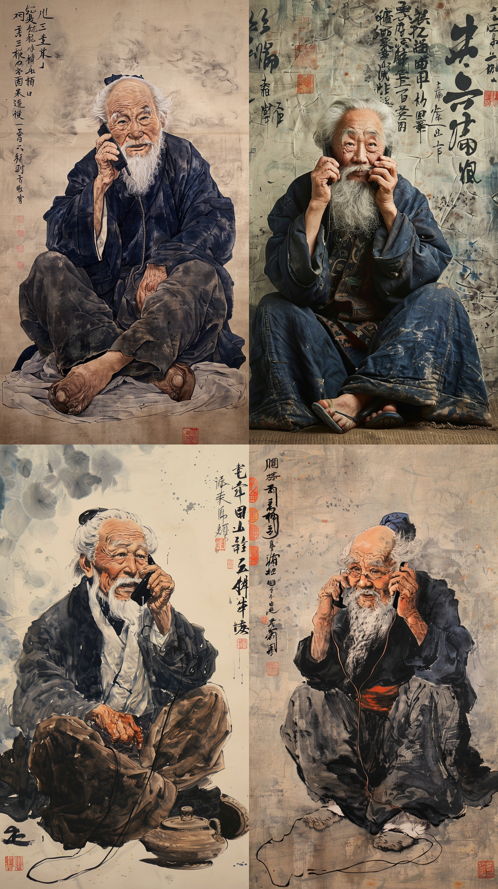 清朝老兵，坐在地上打电话，搞笑