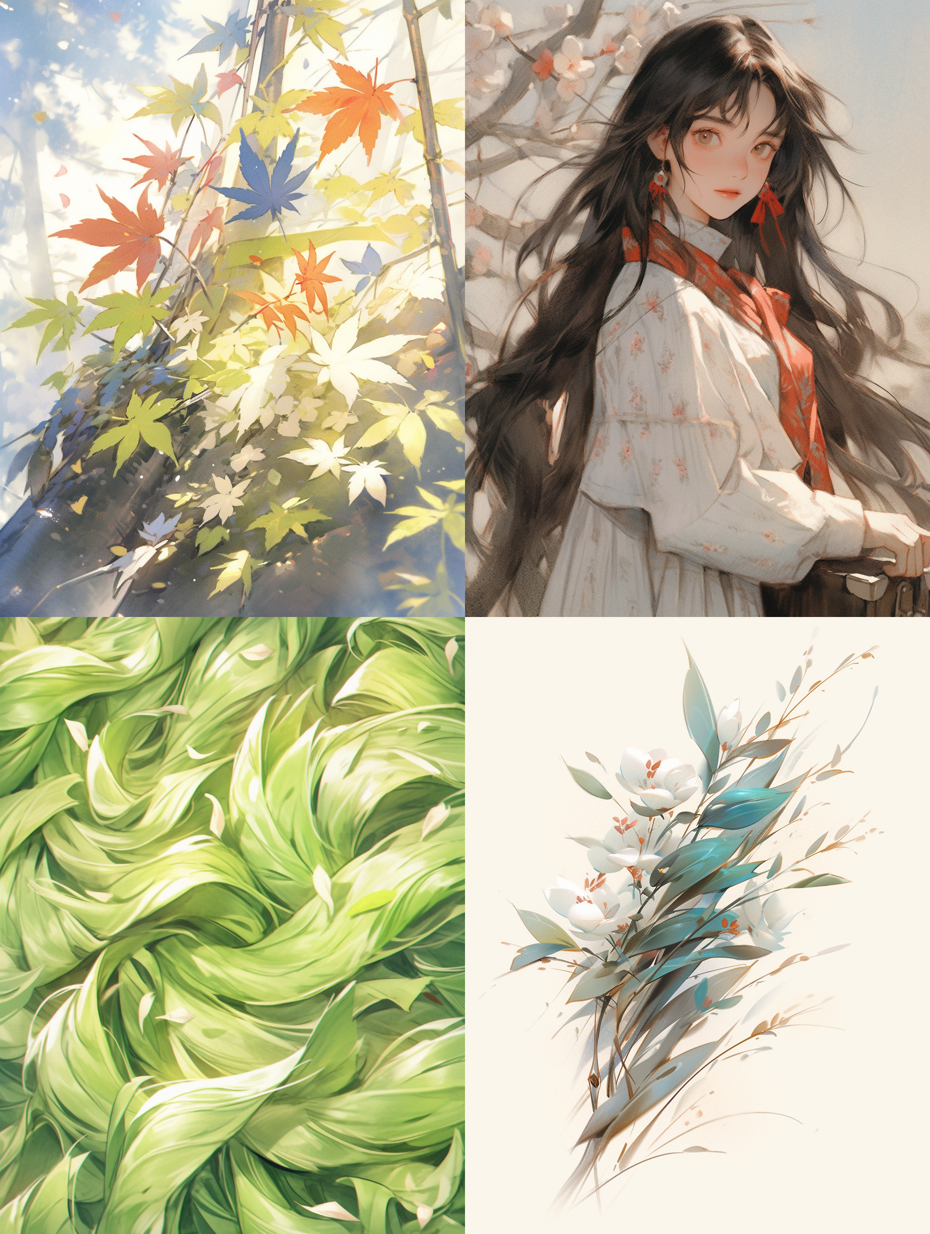 飘摇的树叶，初春，简笔画风格，简洁构图，高画质，细致细节，唯美温馨，浅深景深，自然光，柔和色调，风吹动作，自然元素，清新绿色，宁静。