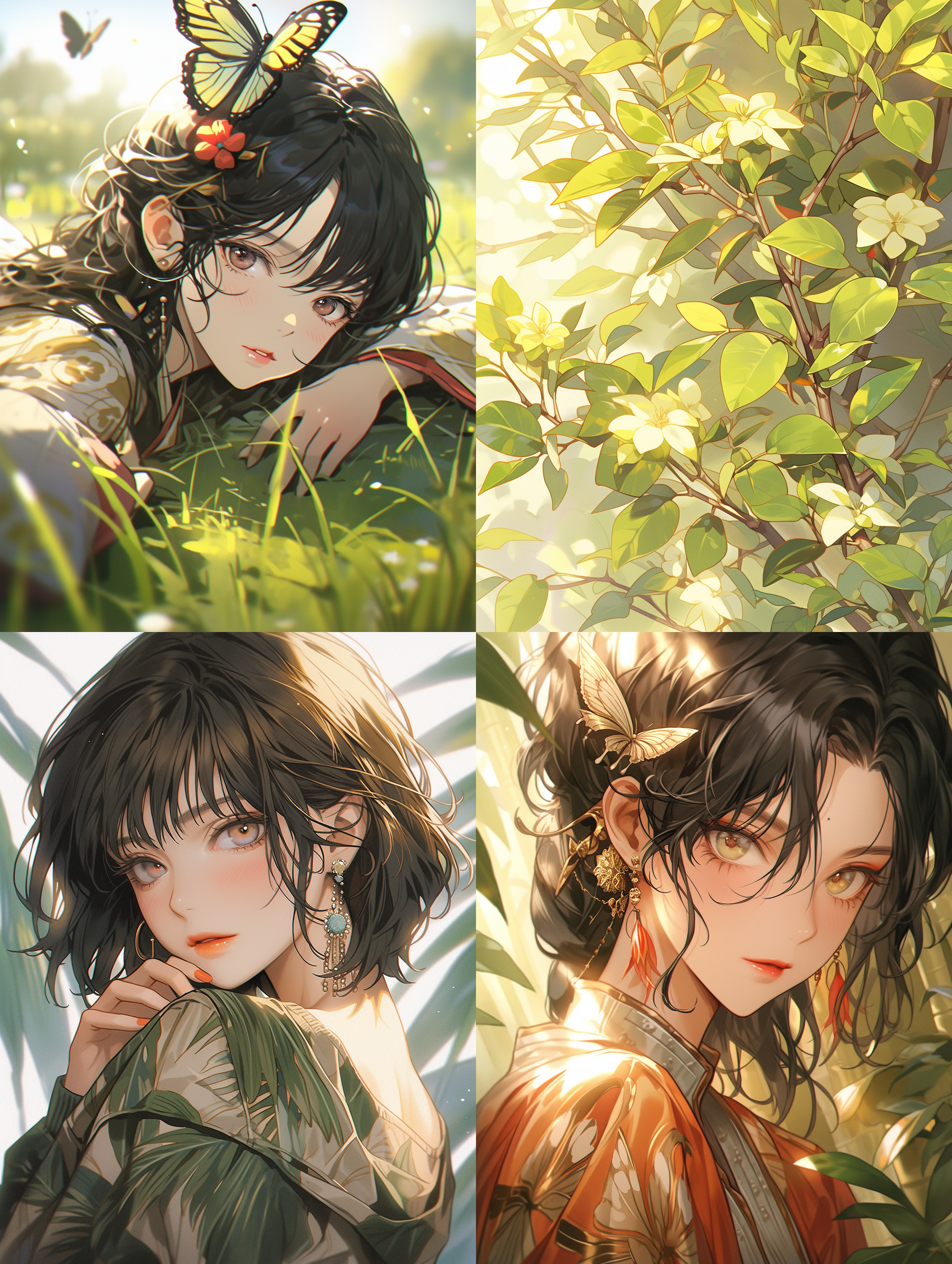 飘摇的树叶，初春，简笔画风格，简洁构图，高画质，细致细节，唯美温馨，浅深景深，自然光，柔和色调，风吹动作，自然元素，清新绿色，宁静。