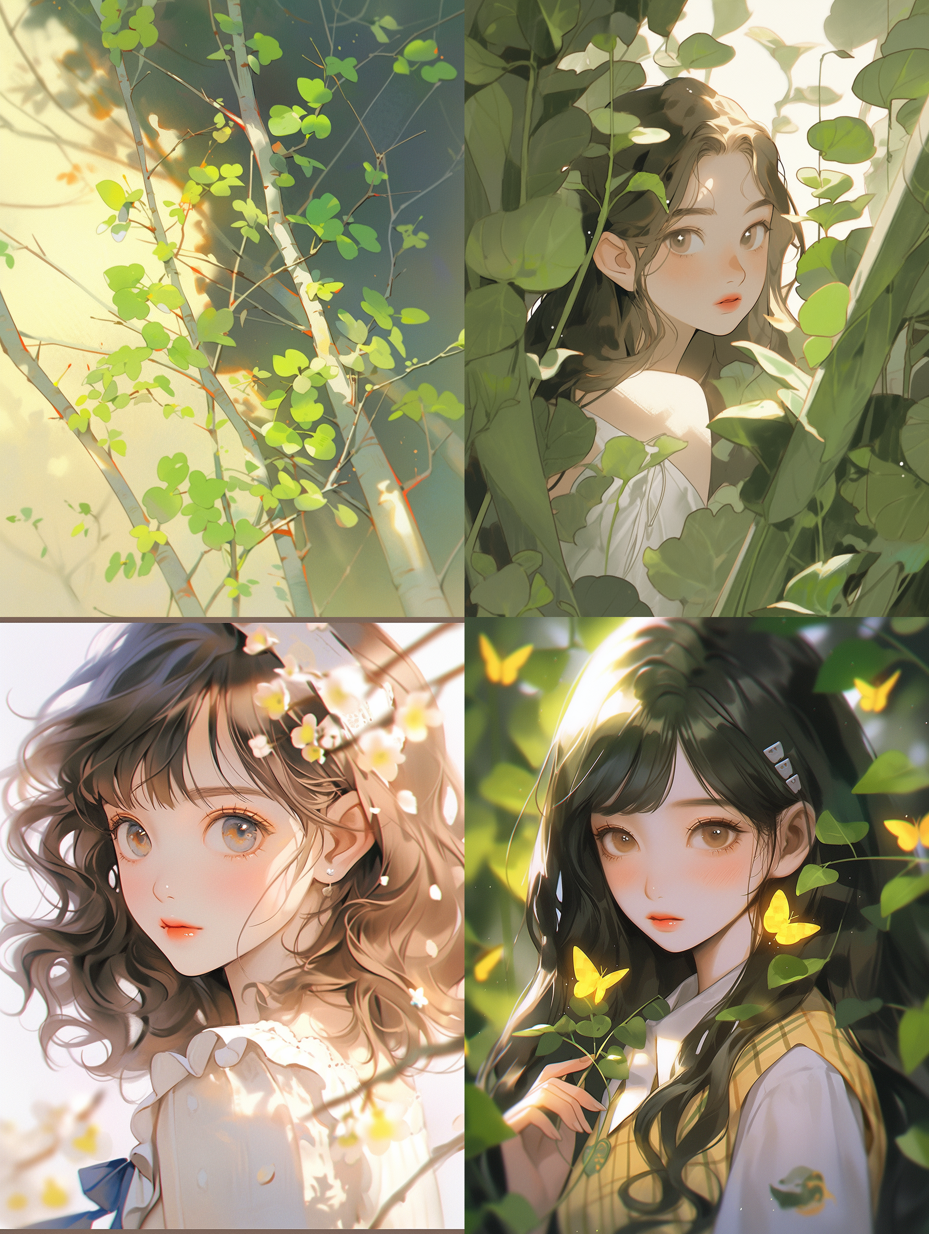 飘摇的树叶，初春，简笔画风格，简洁构图，高画质，细致细节，唯美温馨，浅深景深，自然光，柔和色调，风吹动作，自然元素，清新绿色，宁静。