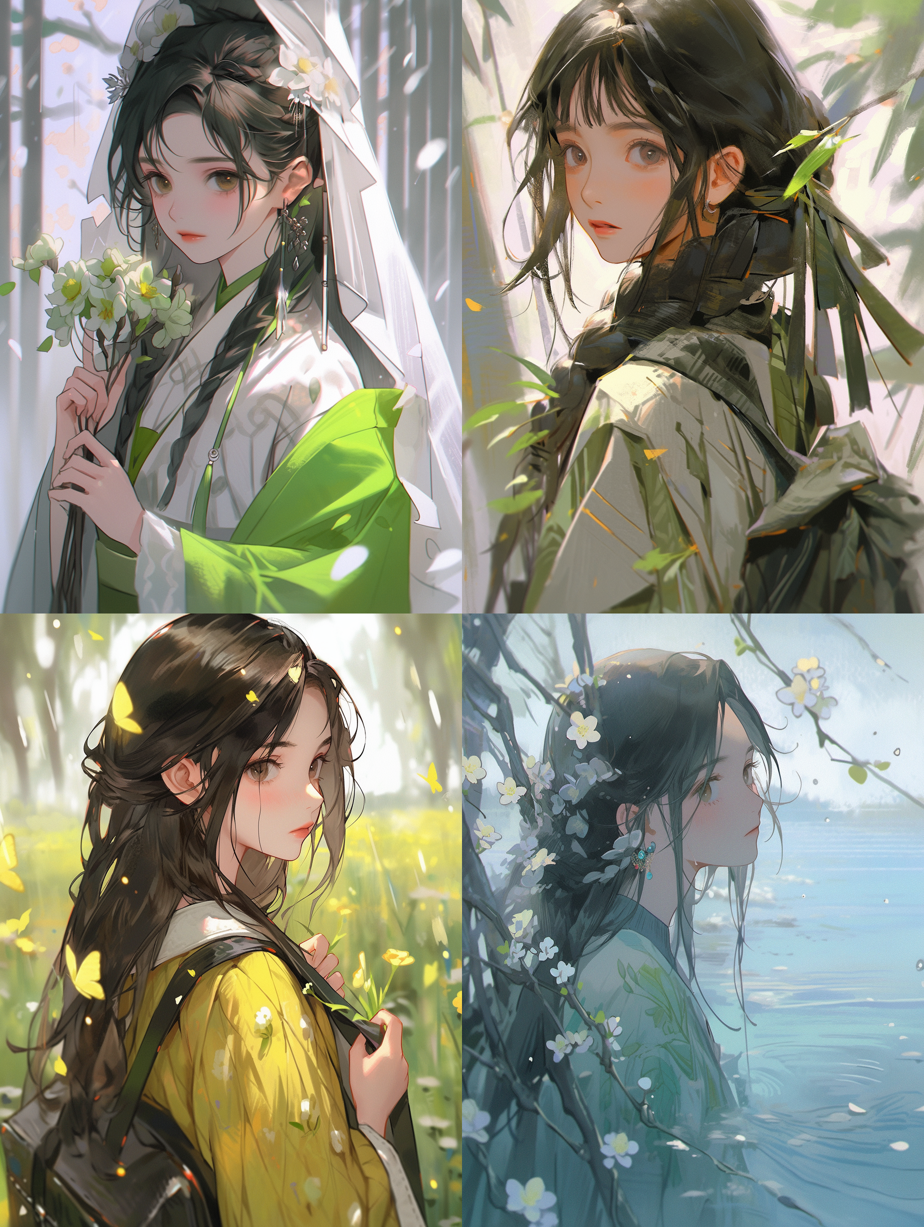 飘摇的树叶，初春，简笔画风格，简洁构图，高画质，细致细节，唯美温馨，浅深景深，自然光，柔和色调，风吹动作，自然元素，清新绿色，宁静。