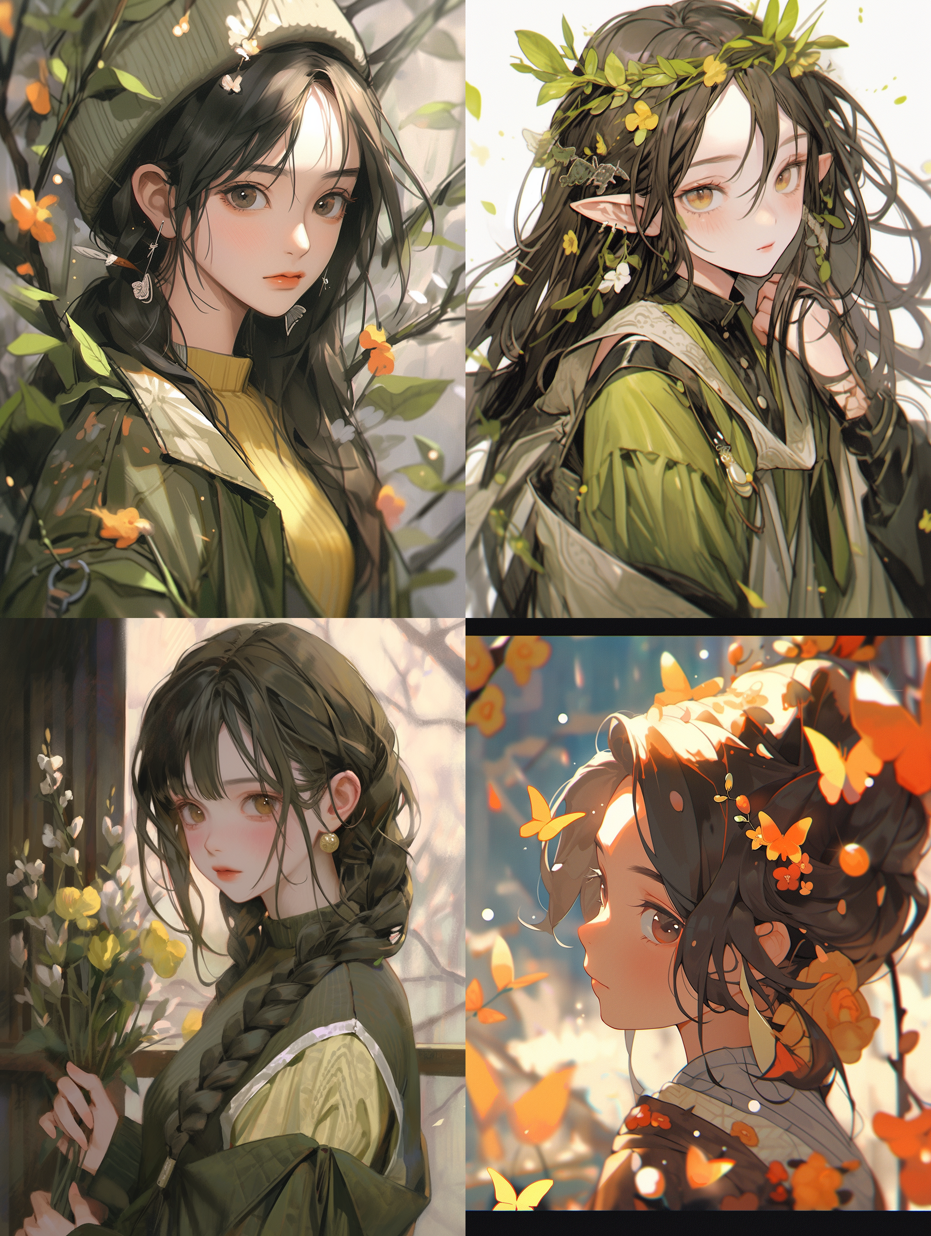 飘摇的树叶，初春，简笔画风格，简洁构图，高画质，细致细节，唯美温馨，浅深景深，自然光，柔和色调，风吹动作，自然元素，清新绿色，宁静。