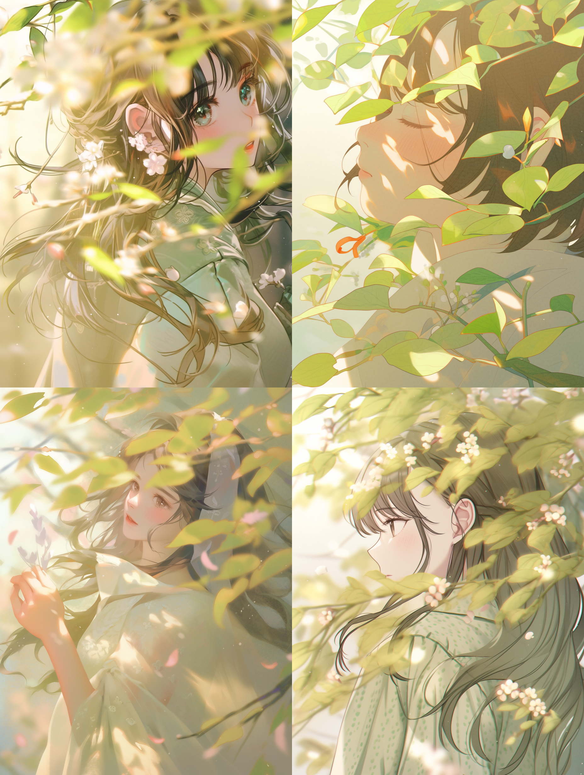 飘摇的树叶，初春，简笔画风格，简洁构图，高画质，细致细节，唯美温馨，浅深景深，自然光，柔和色调，风吹动作，自然元素，清新绿色，宁静。