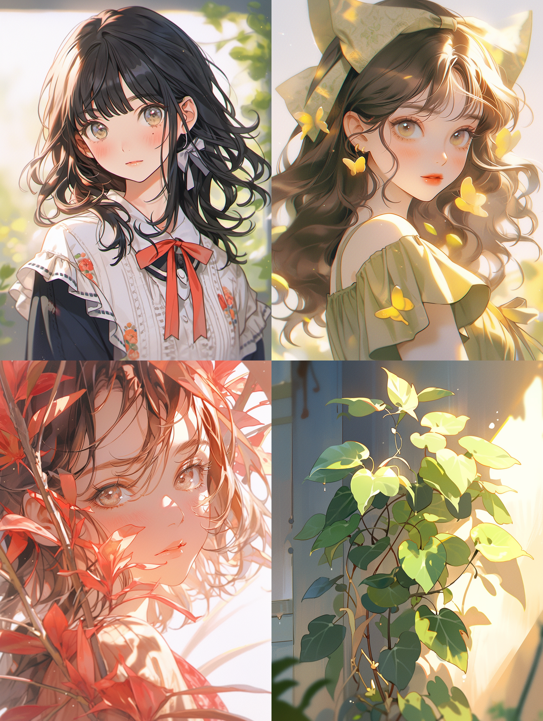 飘摇的树叶，初春，简笔画风格，简洁构图，高画质，细致细节，唯美温馨，浅深景深，自然光，柔和色调，风吹动作，自然元素，清新绿色，宁静。