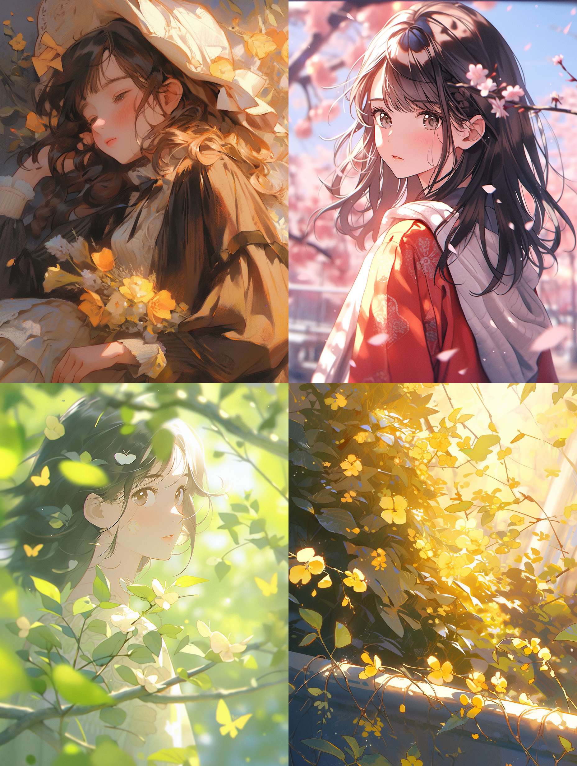 飘摇的树叶，初春，简笔画风格，简洁构图，高画质，细致细节，唯美温馨，浅深景深，自然光，柔和色调，风吹动作，自然元素，清新绿色，宁静。