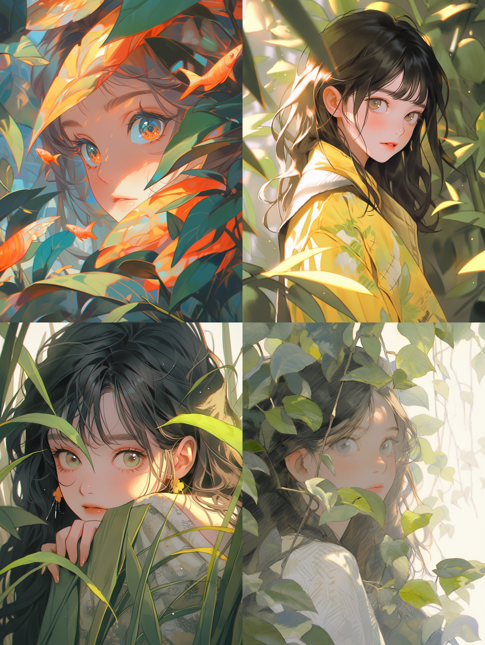 飘摇的树叶，初春，简笔画风格，简洁构图，高画质，细致细节，唯美温馨，浅深景深，自然光，柔和色调，风吹动作，自然元素，清新绿色，宁静。