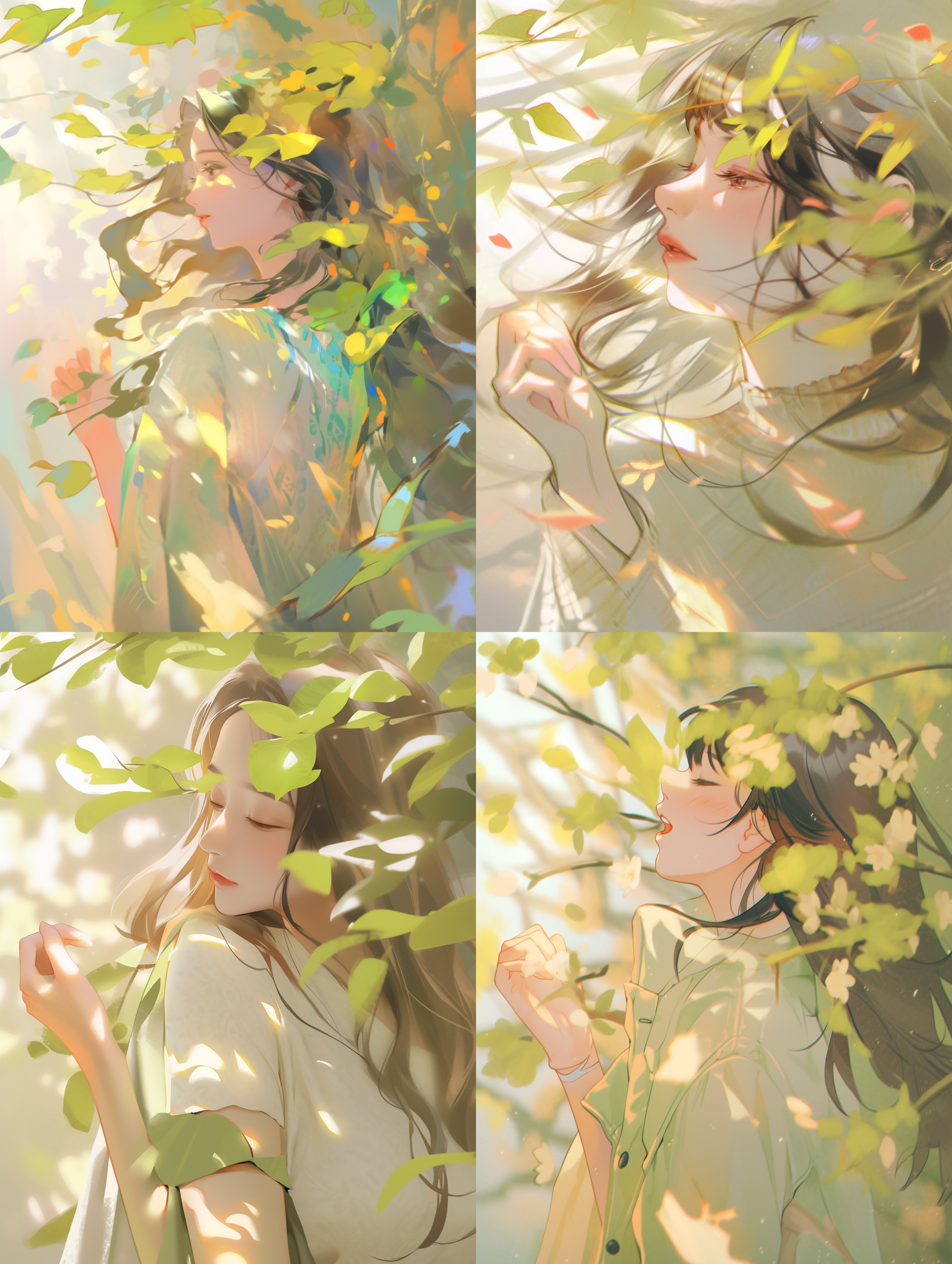 飘摇的树叶，初春，简笔画风格，简洁构图，高画质，细致细节，唯美温馨，浅深景深，自然光，柔和色调，风吹动作，自然元素，清新绿色，宁静。