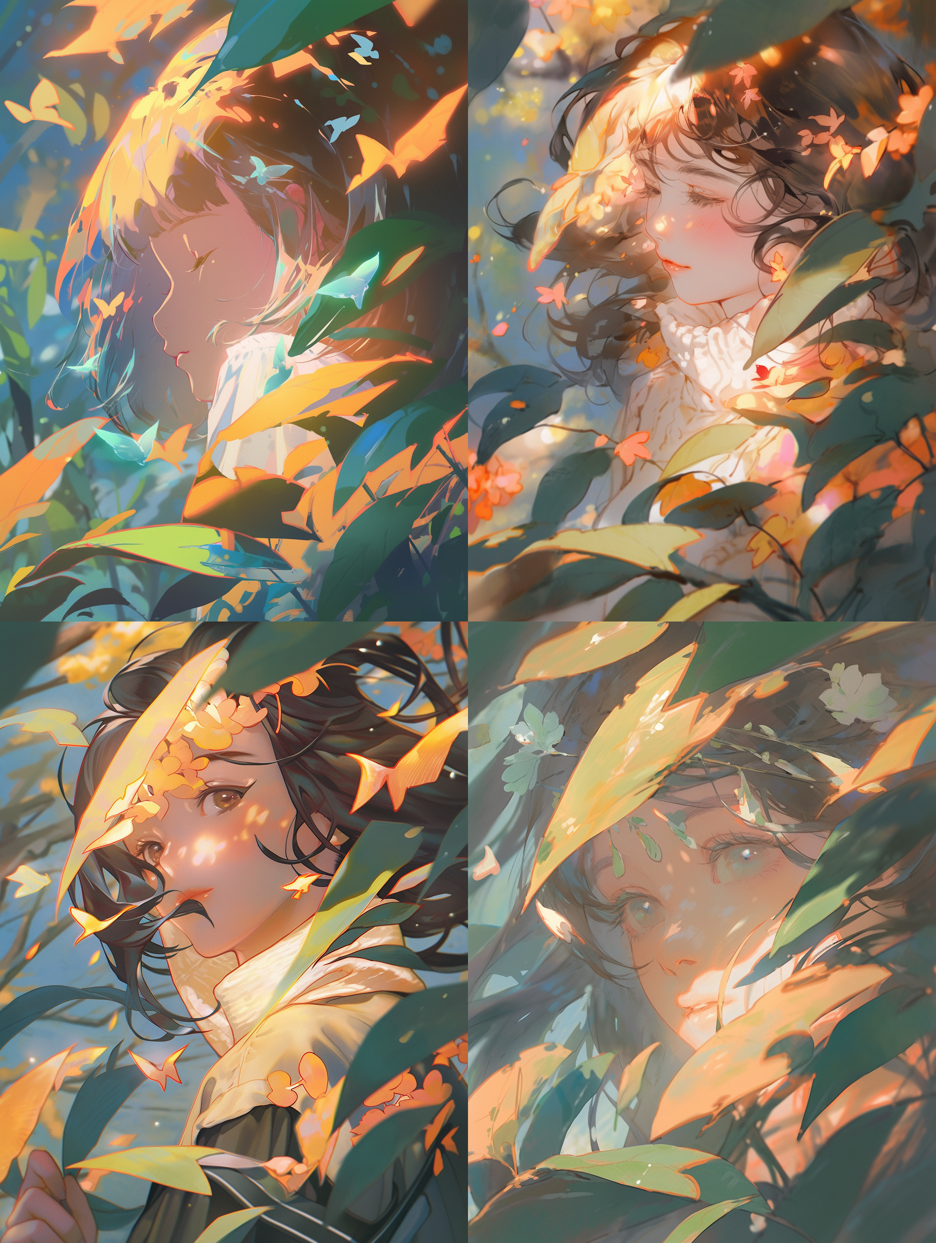 飘摇的树叶，初春，简笔画风格，简洁构图，高画质，细致细节，唯美温馨，浅深景深，自然光，柔和色调，风吹动作，自然元素，清新绿色，宁静。