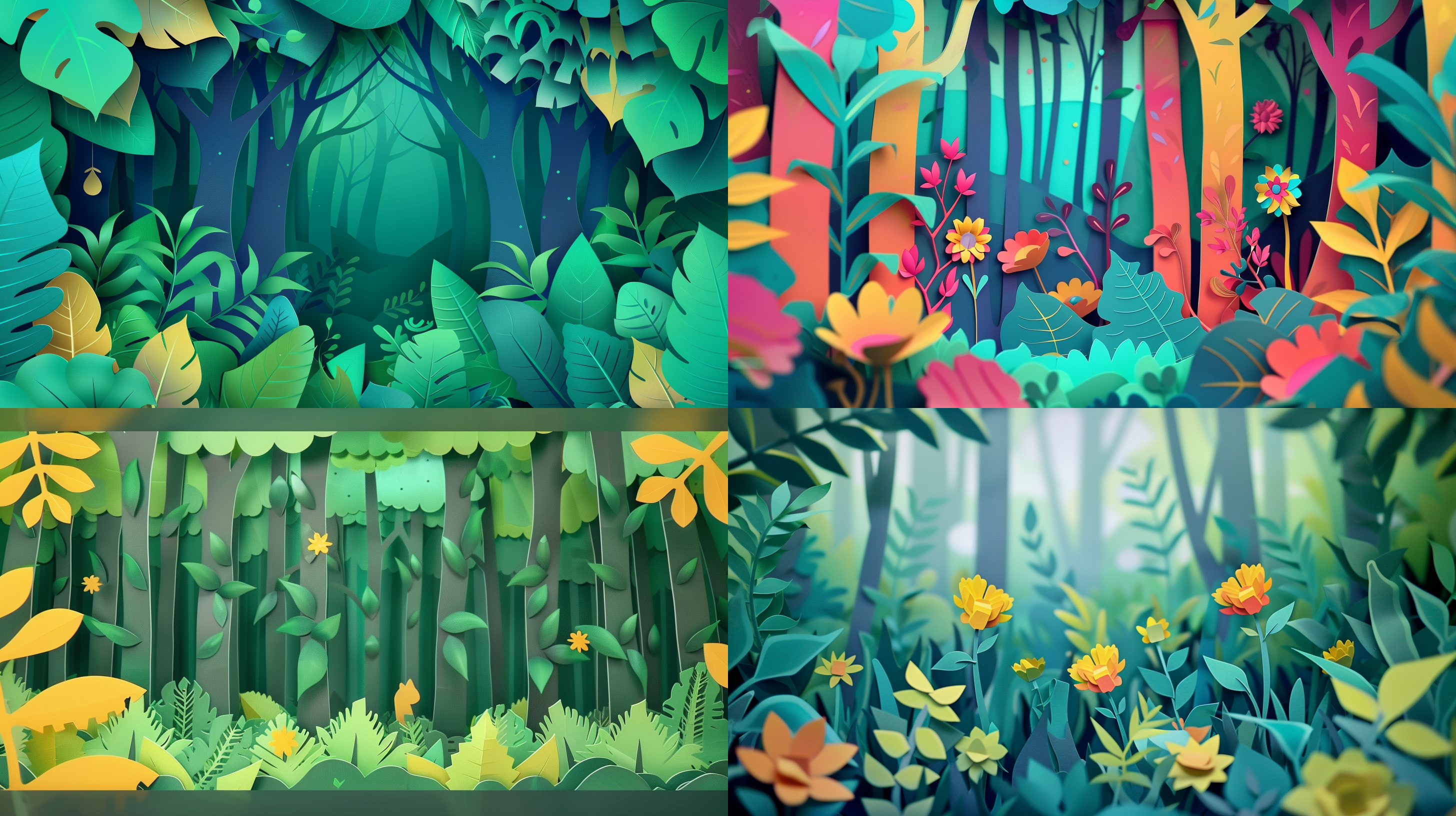 茂密森林背景，纸片卡通风格，色彩明亮，循环作画，森林居民，树叶抖动，生动，欢快。