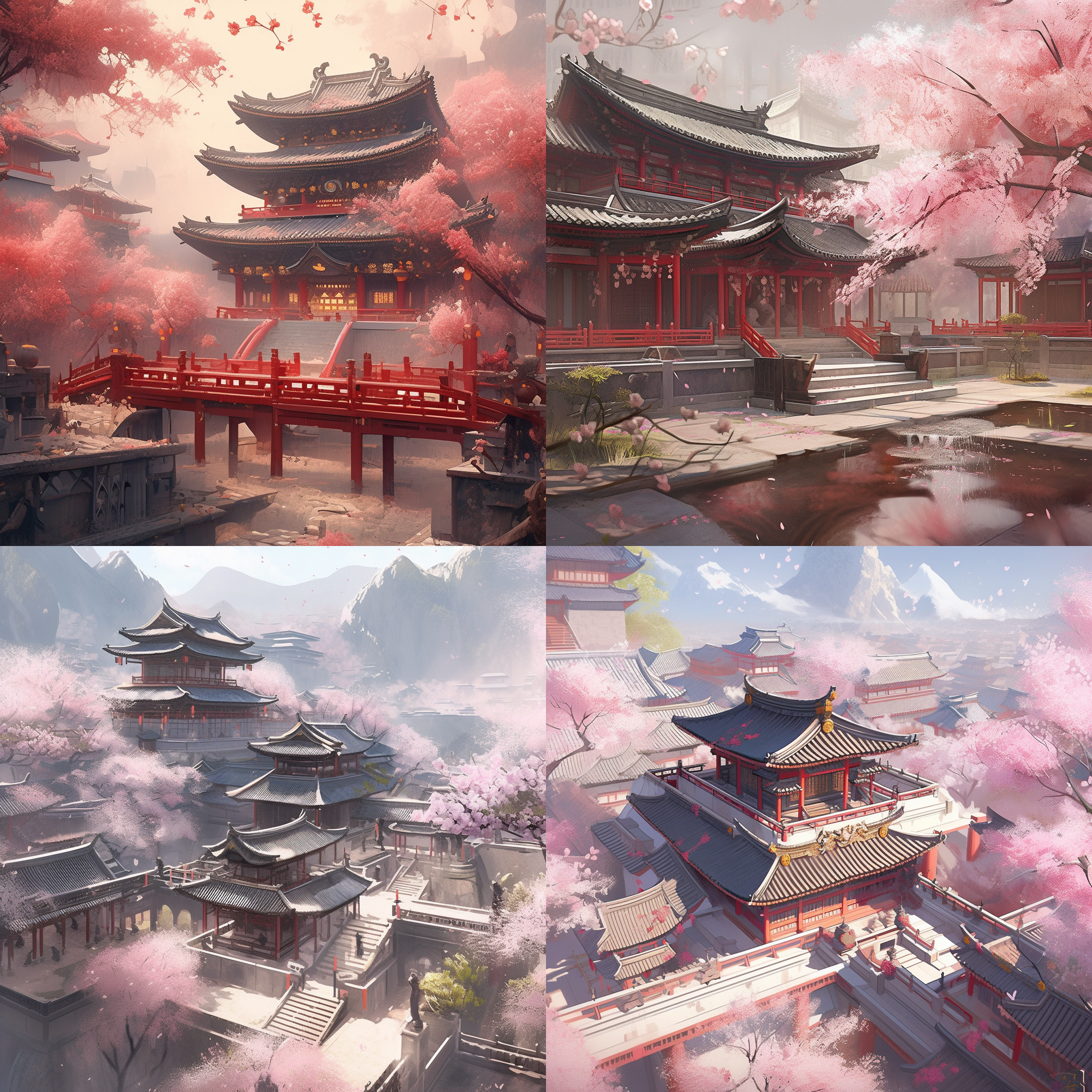唐代建筑群，桃花盛开，国风奇幻，光影交错，高清细节，超高分辨率，色彩丰富，树荫斑驳，沉静祥和，史诗般壮观。