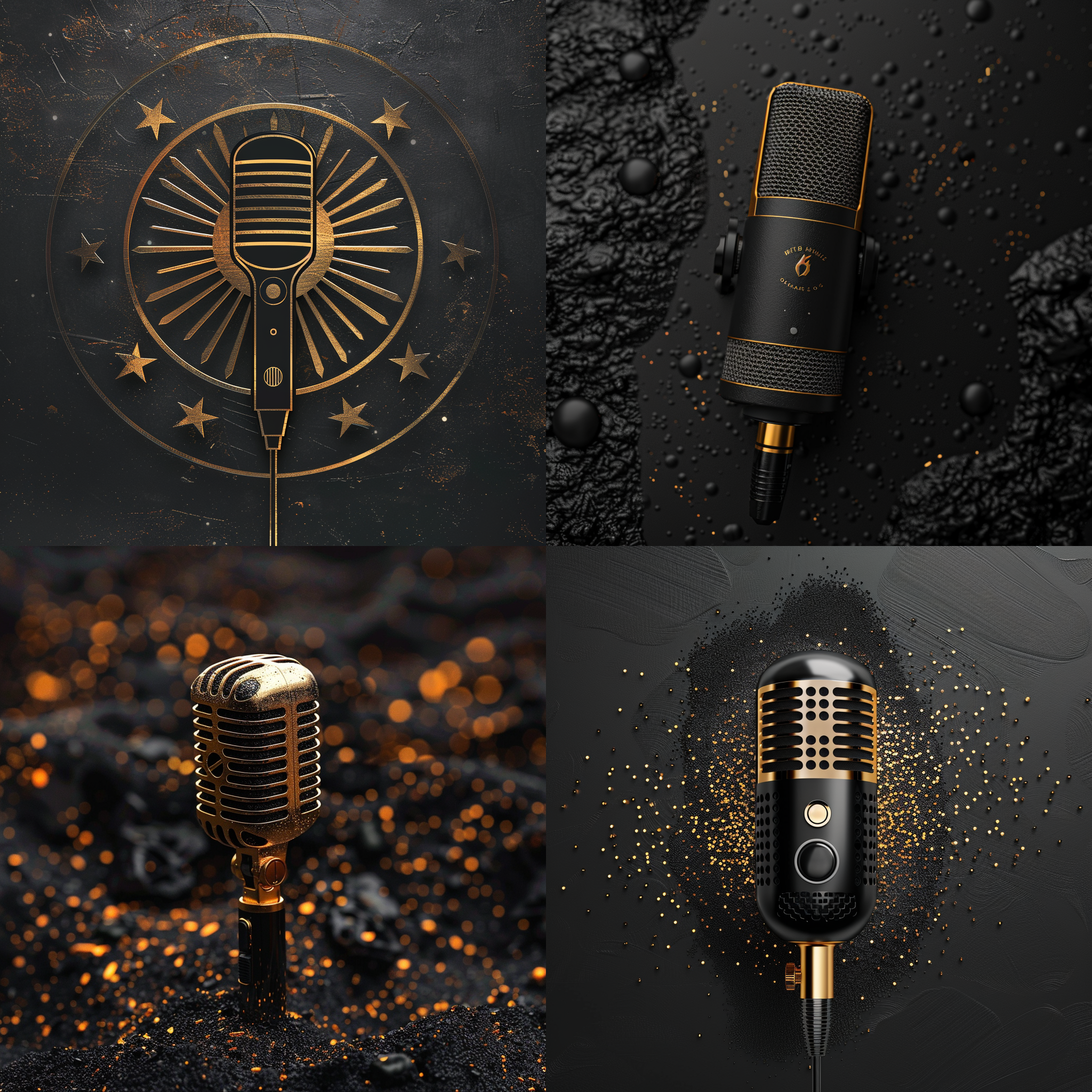 logo，麦克风，黑金风格，黑沙背景