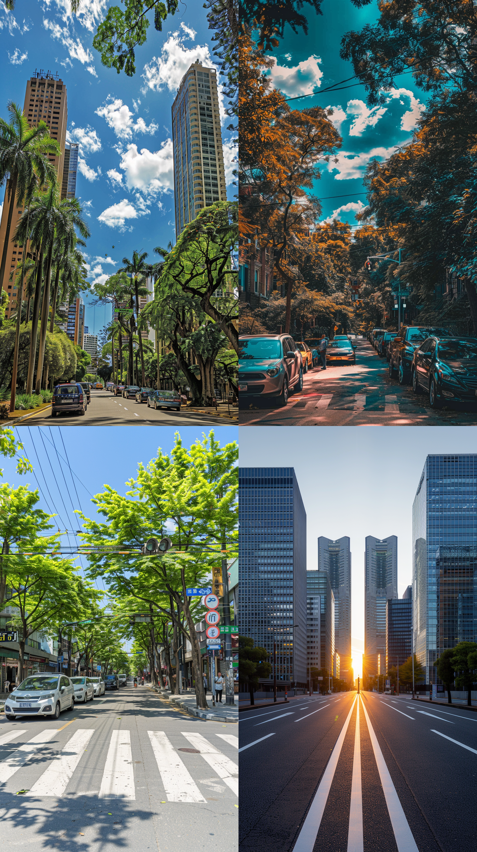 城市街头风景，白云，树木，居中构图，长焦拍摄，黄金比例，汇联线构图，自然光，唯美风景，黄金比例构图，32k画质，高清大片摄影，优质艺术家创作，大片摄影效果，背景舒适氛围，神秘氛围渲染，电影质感捕捉，静谧梦幻场景，横板构图，专业修饰，细节完整，写实风格。