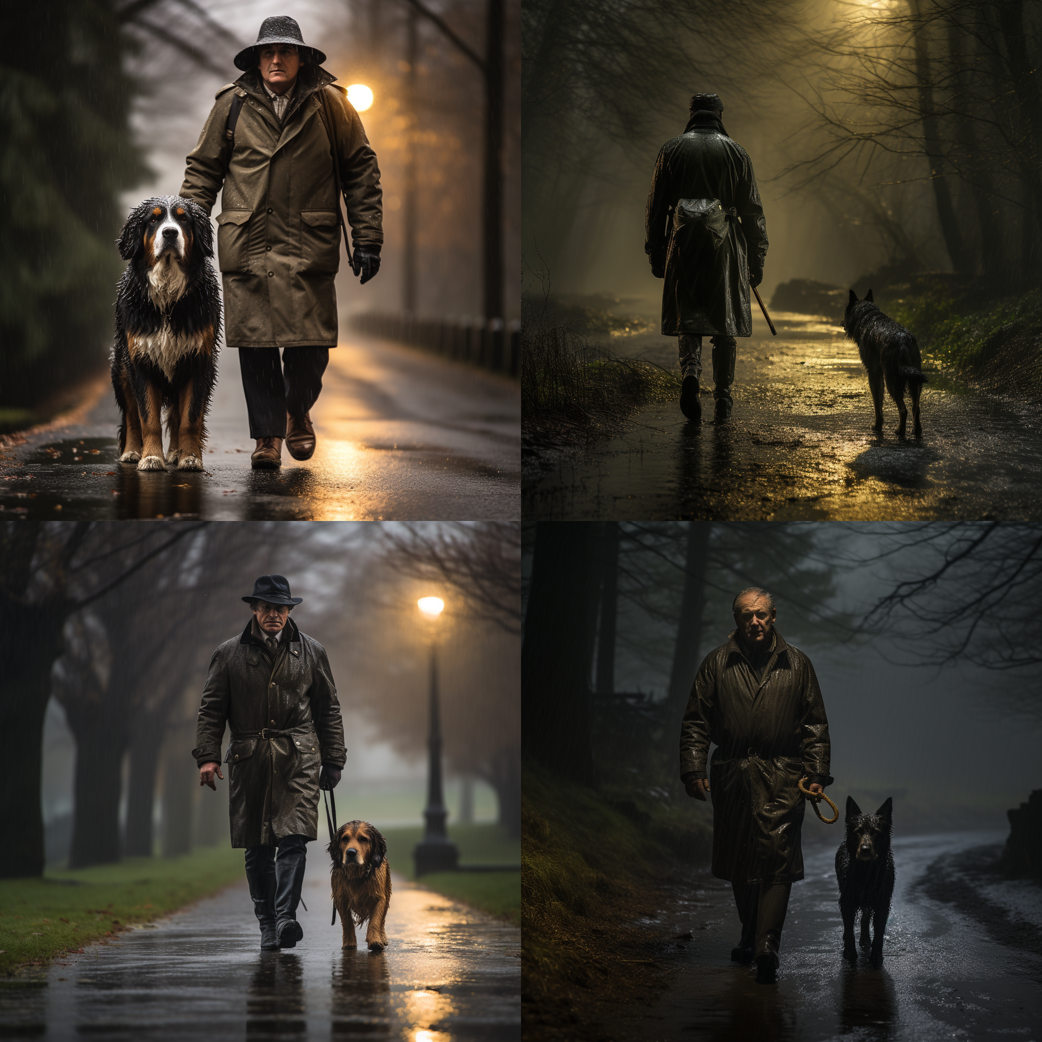 将军雨中漫步，狗伴其旁，深色调，阴雨天，长焦镜头，逆光，慢快门，沉稳步伐，忠诚陪伴，忧郁氛围。