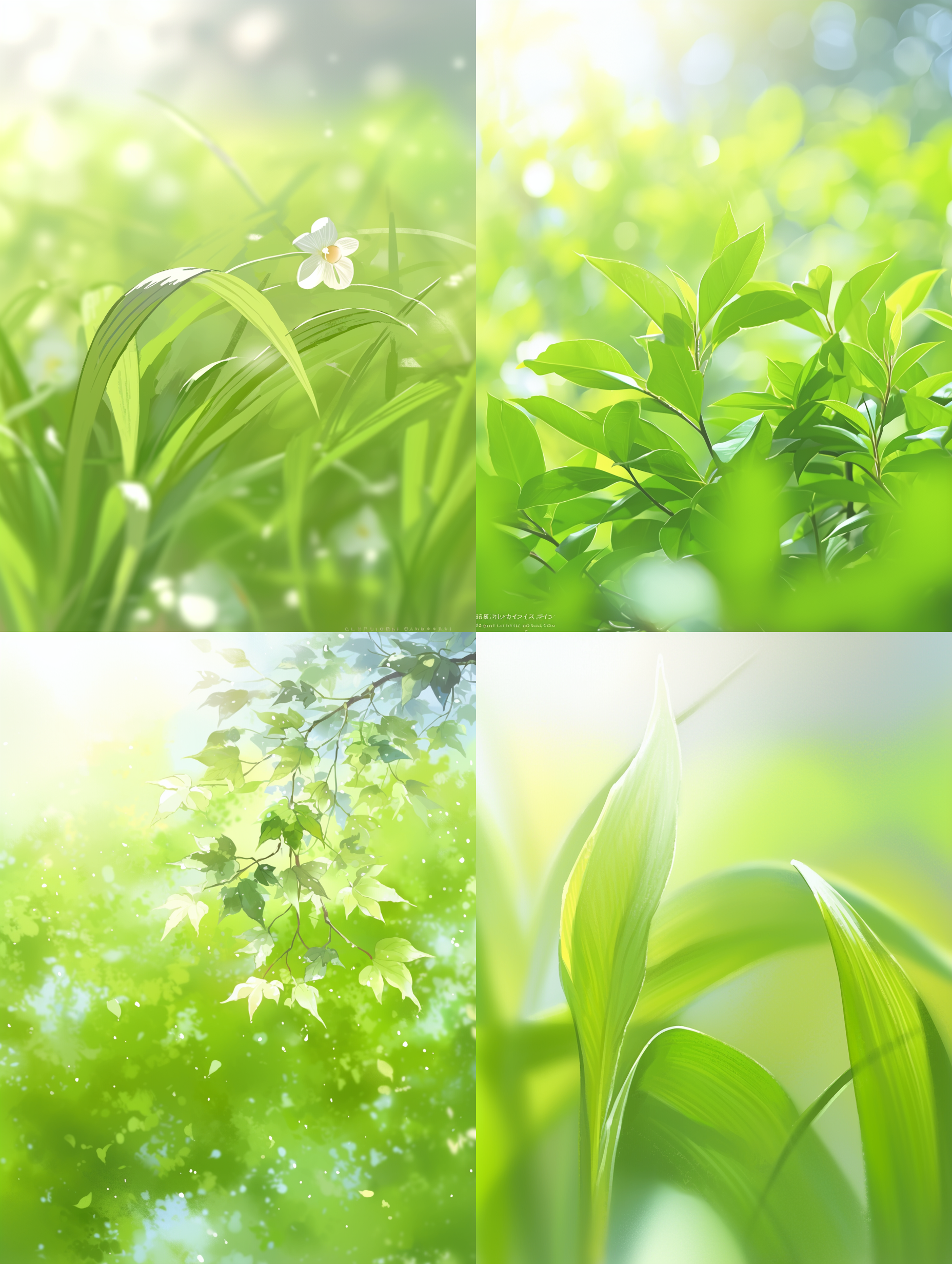 一片飘摇的树叶，初春，简笔画风格，简洁构图，高画质，细致细节，唯美温馨，浅深景深，自然光，柔和色调，风吹动作，自然元素，清新绿色，宁静。