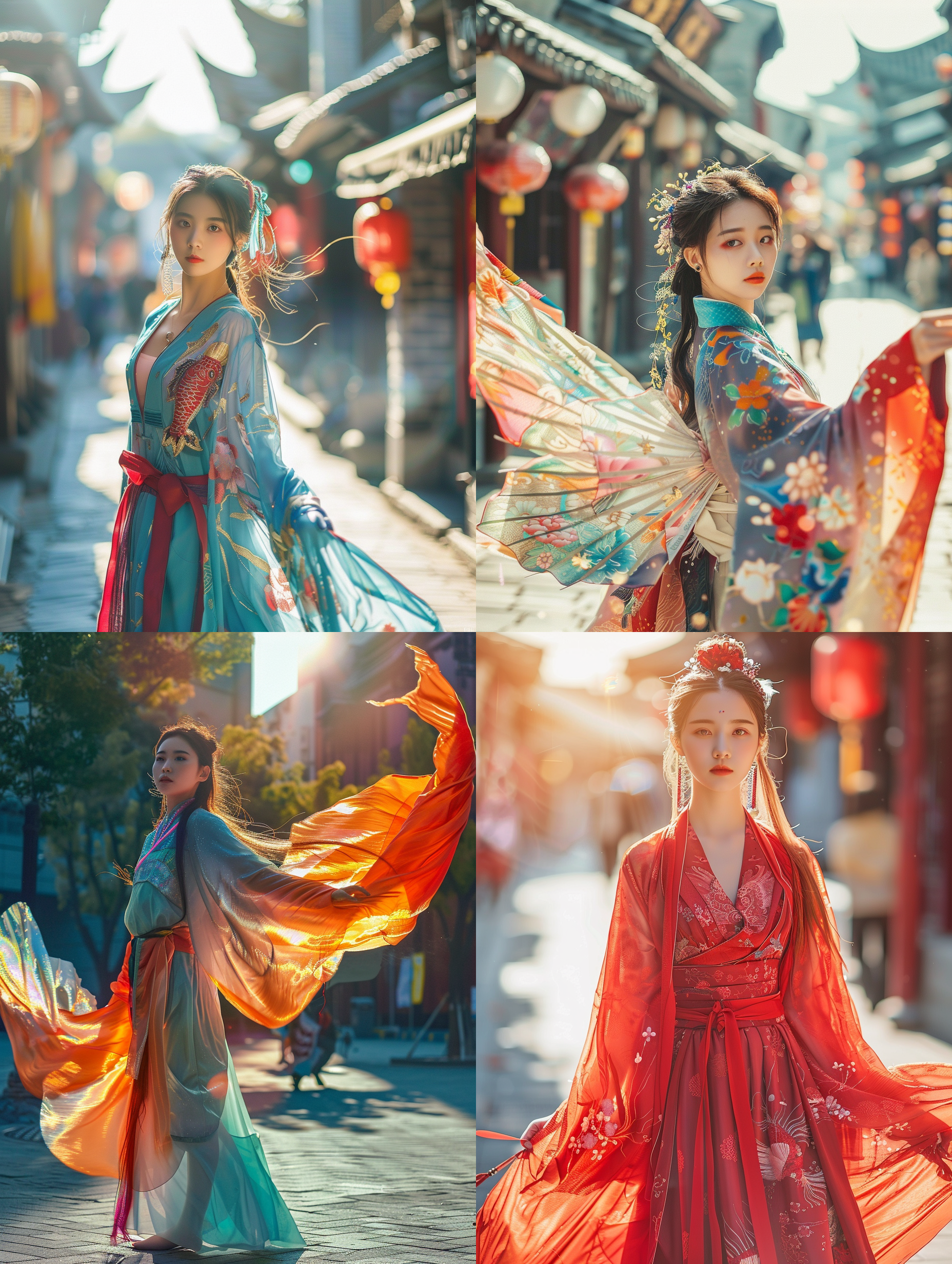 asian fashion street photo, hanfu flying fish girl, city street scene,three or more fluorescent colors, bright colors in sunlight, front view, photography works,