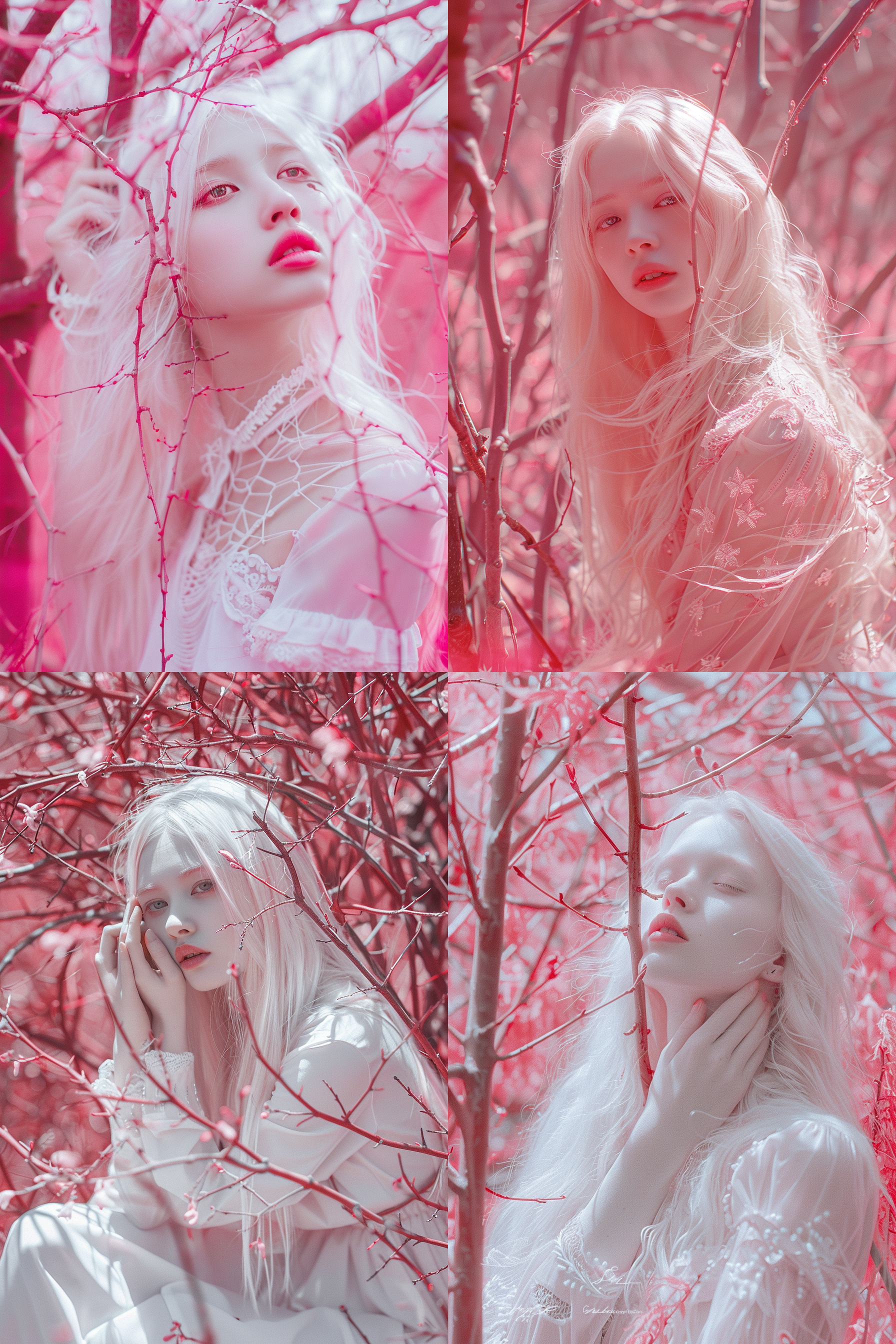 苍白女孩，长发，幽灵般眼睛，柔缚，轻度白化病，任航风格，树刺缠绕腹部，刺上覆盖倒刺，全身特写，疯狂，生动，超现实，疯狂生动，动感十足，粉红森林背景，高调，低饱和度，电影感粗糙颗粒风格原始，尼6，宽高比4:5。