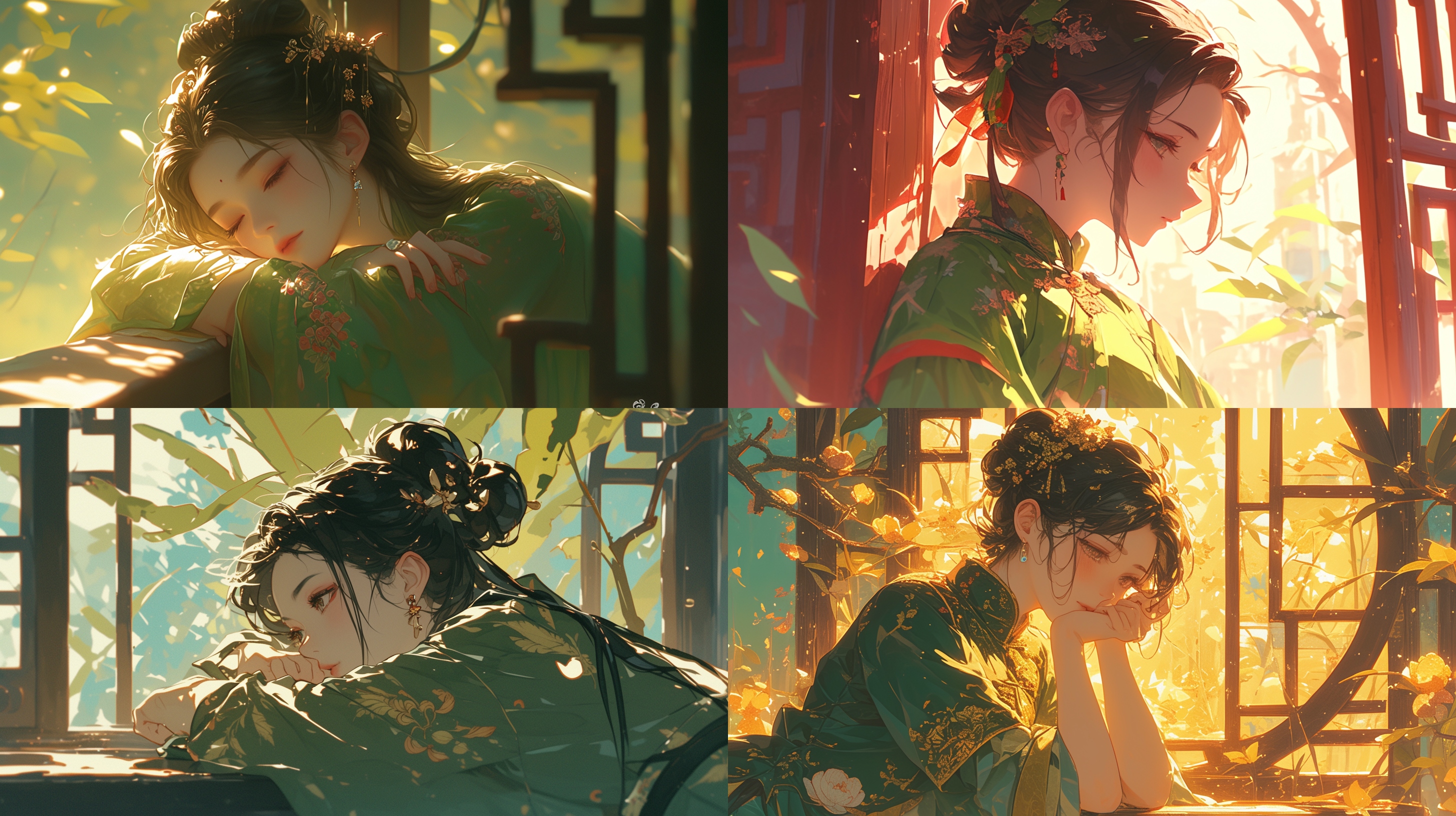 中国古风年轻女子，头挽发髻，美丽俏皮，灵动，英姿飒爽，柳叶眉，丹凤眼，身着绿色绣花薄衫，长裙飘飘，端庄典雅，扶着窗想事情，眉头紧锁，全身镜头，加入情节让画面更有创意，更生动，柔和色调，侧光，超广角镜头，静态，对称布局，华丽细节呈现电影级画面，纹理丰富，16:9，高清。