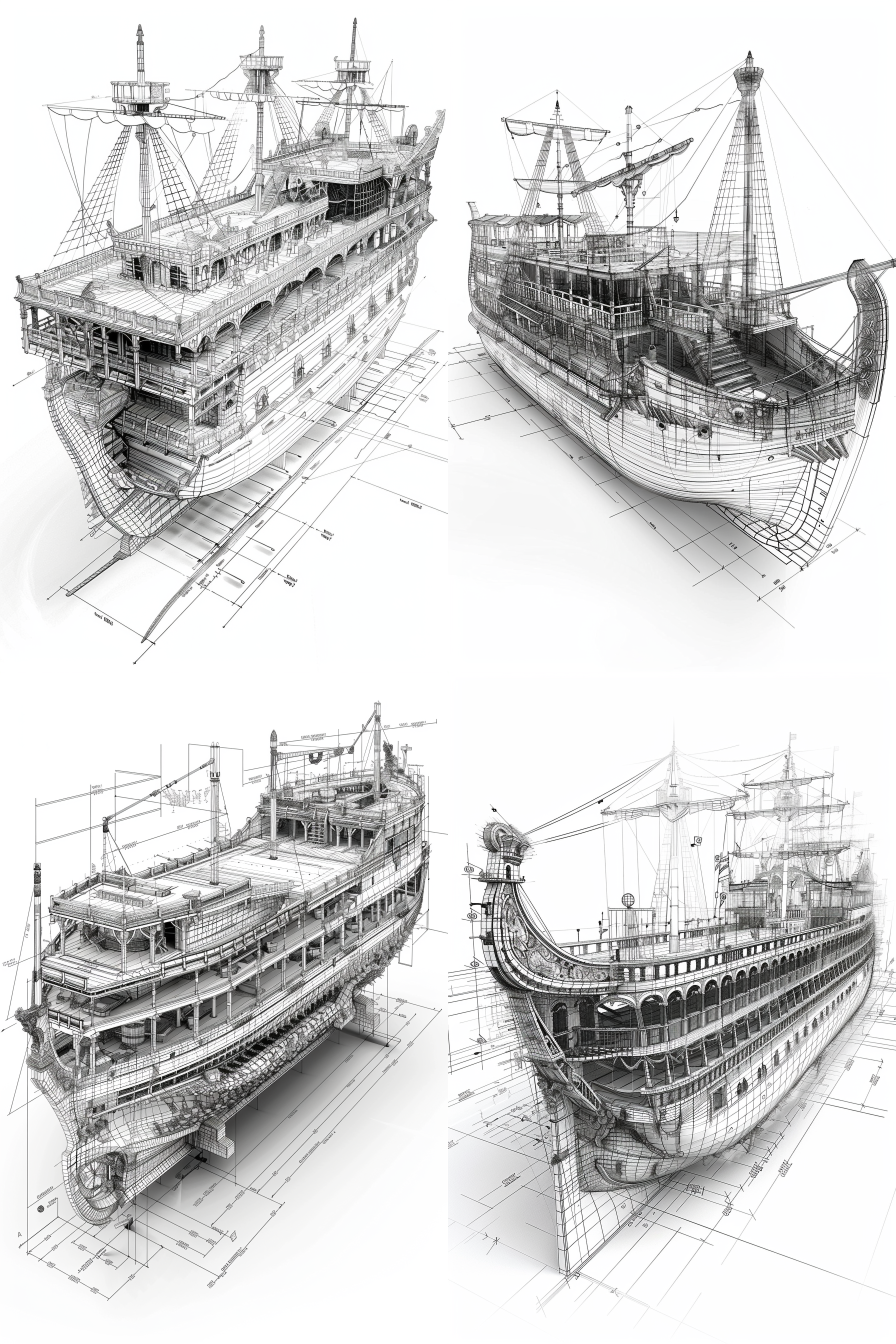 a detailed 3d rendering of noah's ark, depicted in a sophisticated black and white line art style. the intricate and complex structure showcases precision in every component, from the hull to the deck. the design blueprint is set against a pristine white background, enhancing the contrast and clarity of the design. dimensions are meticulously labeled to provide a comprehensive view of the grand scale and meticulous craftsmanship of this iconic vessel