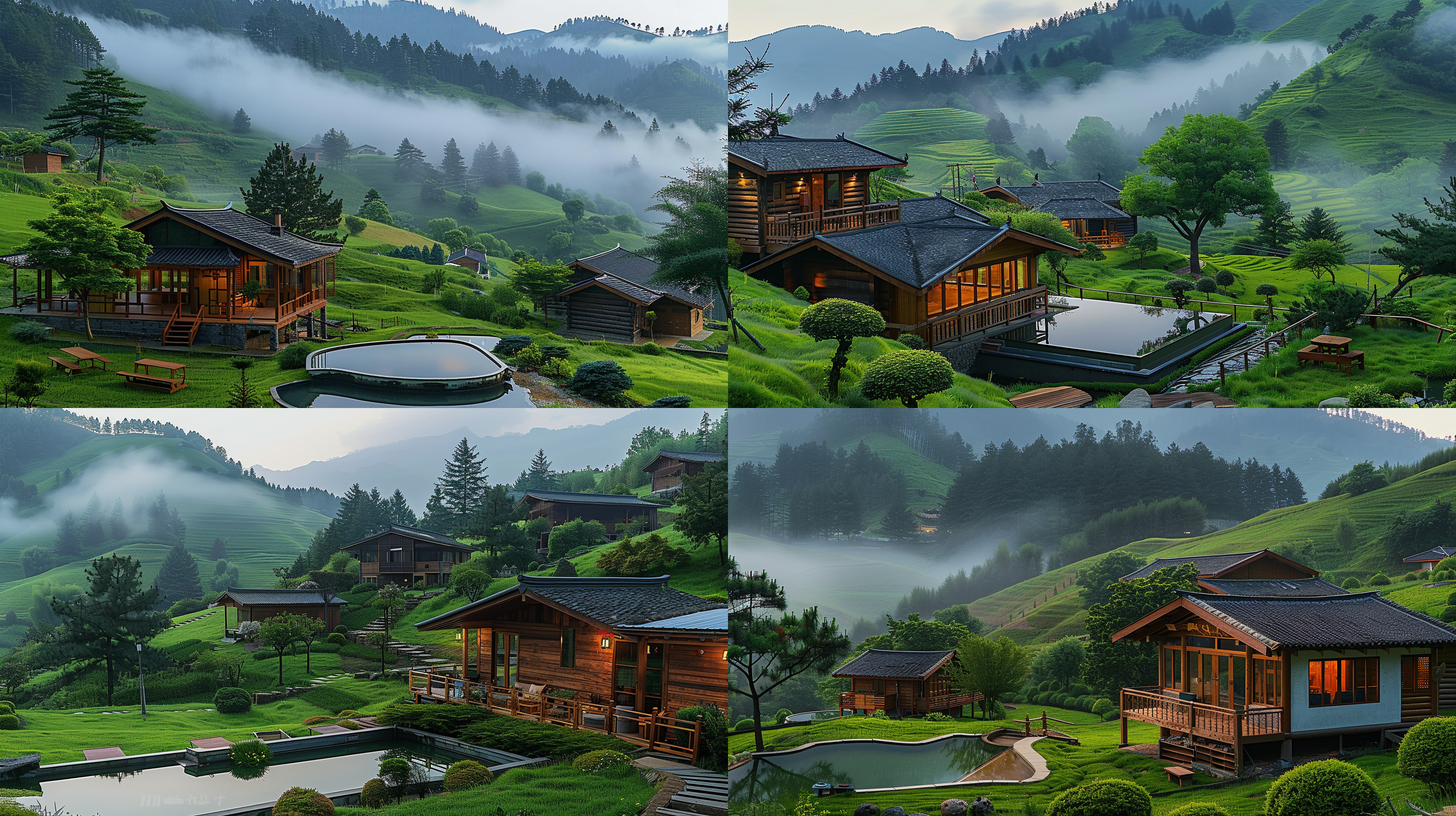 山坡上的木屋，坑赖风格，四季变换，宽银幕全景，背景是茂盛花园，灵感来自展子虔，奢华生活方式，受沃纳·安德马特启发，张家界清晨，隔间，华盛顿，由ryan yee拍摄，绿草地上，自然光，细节丰富，色彩饱和，宁静氛围。