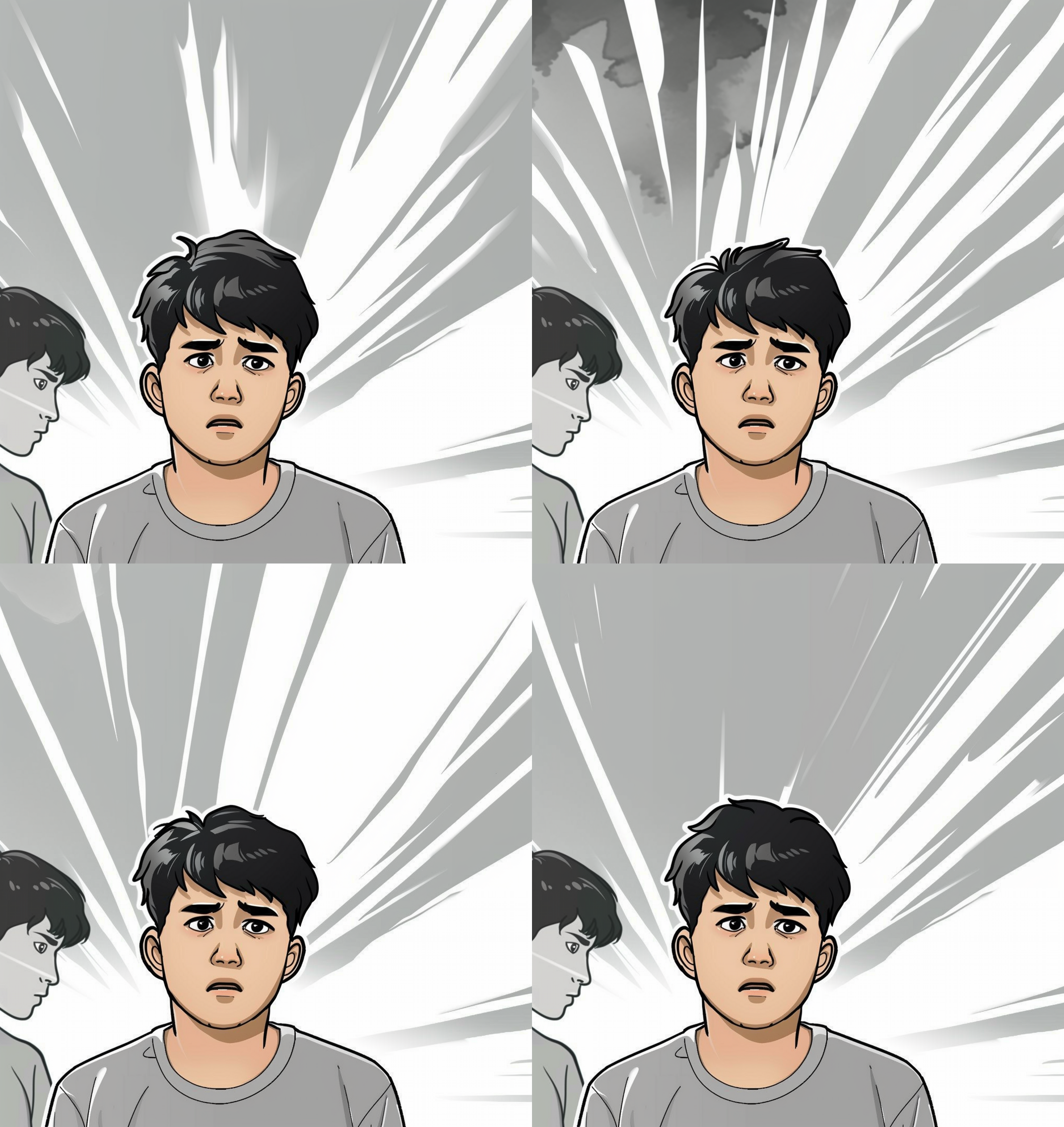 男孩穿千灰色t短袖衣服年轻男孩，黑色头发，简笔风格，扁平风格，白色背景，素描风格，清晰轮廓，全身，有手有脚。