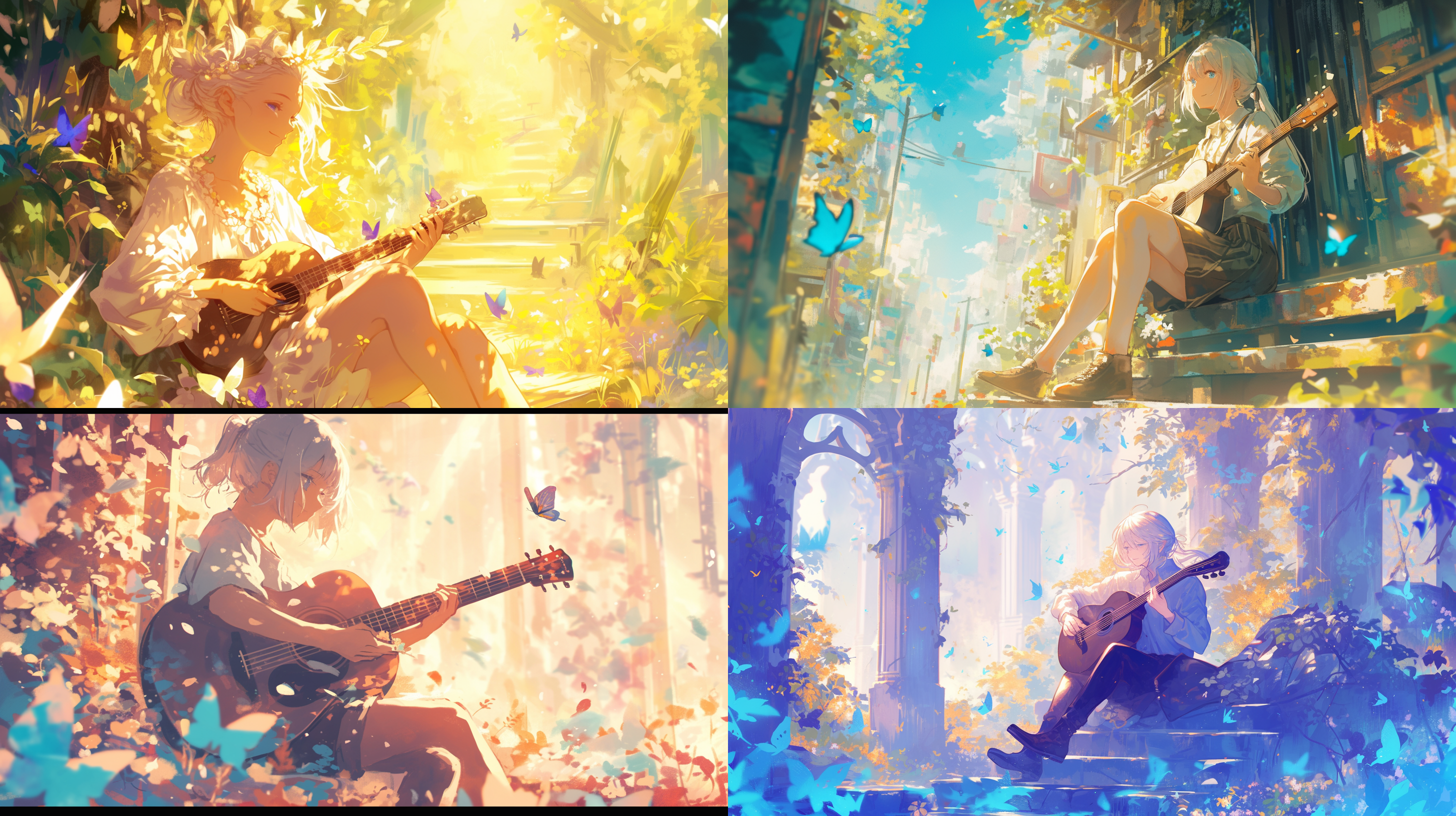 白发短发少年，蓝色眼睛，休闲装，微笑，温柔，阳光，五彩斑斓，吉他，鲜花，浪漫，直发，马尾，蝴蝶，飘带，阶梯，光线明亮 弹吉他，斜视，长焦镜头，树林中，暖色调