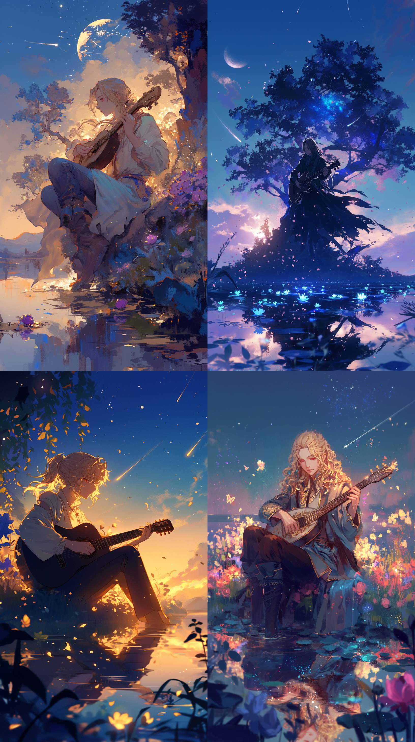 18岁，金发长发少年，红色色眼睛，帅气的穿着，安静，休闲装，夜晚，花丛，弹吉他，萤火虫，月光，湖边，倒影，马尾，额头，流星，长相帅气，悲伤 ，