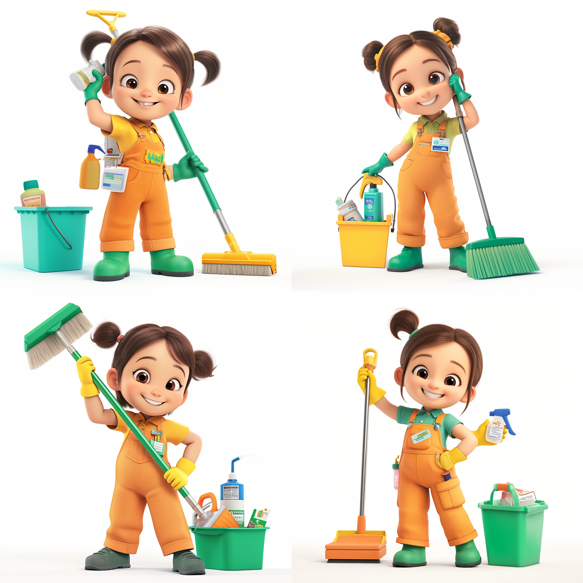 1 girl, a chubby 2-year-old girl, dressed in a cute q-style, 3d rendering, occupation: cleaner, holding a broom, disinfectant, wearing bright clothes, with a slightly smiling expression while working. in a small scene, with well-developed limbs and full of imagination, c4d shading, high-definition, 2.5d, white background