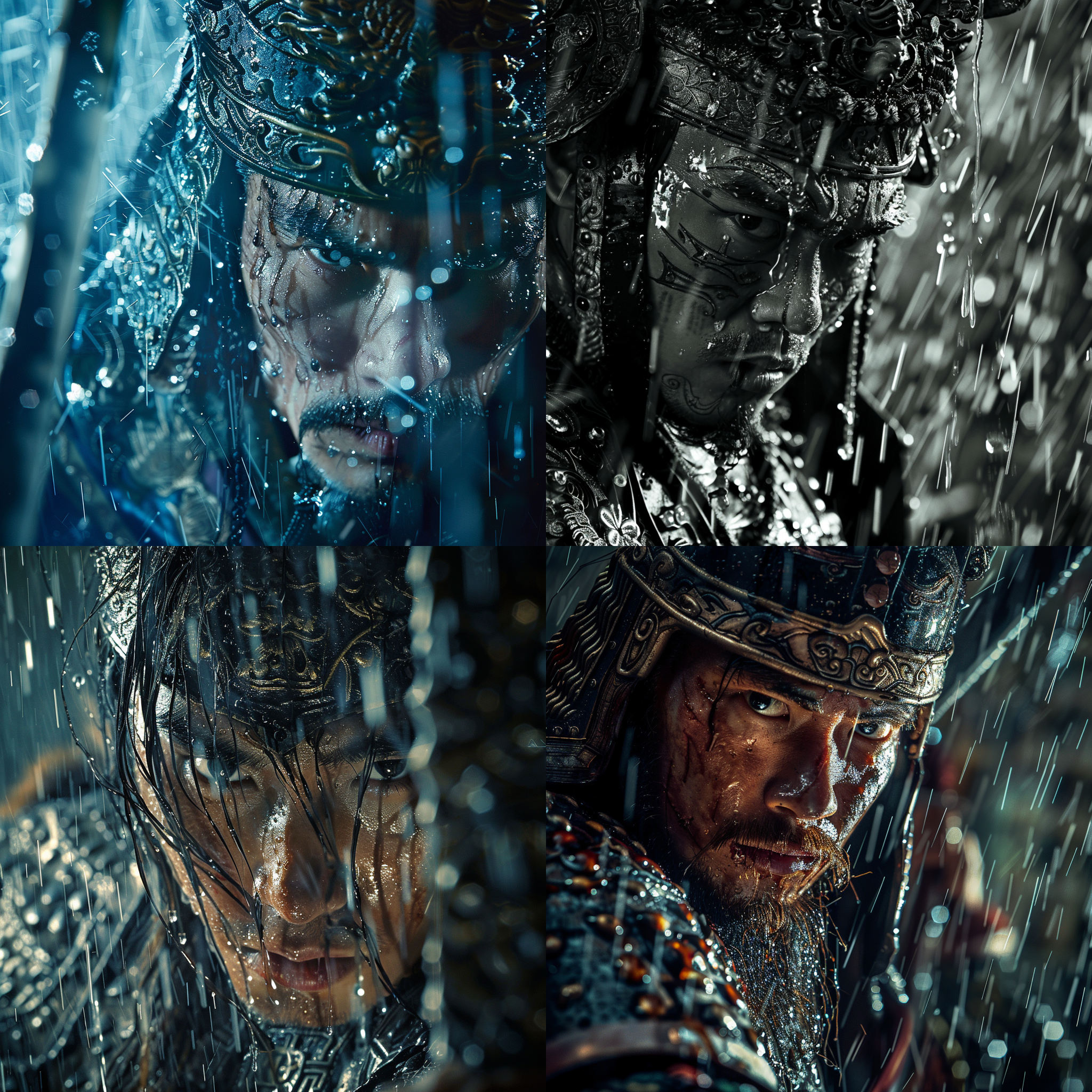 雨中攻击的野蛮士兵，面部特写，穿着高度详细的唐代中国式盔甲，风格饱满的艾尔布雷希特·杜勒尔和古斯塔夫·多雷风格的戏剧性照明，受威廉·布莱克影响。3:4宽高比，750风格化。对角线构图，冷色调，长焦镜头，雨水特写，激烈动作，紧张情绪。