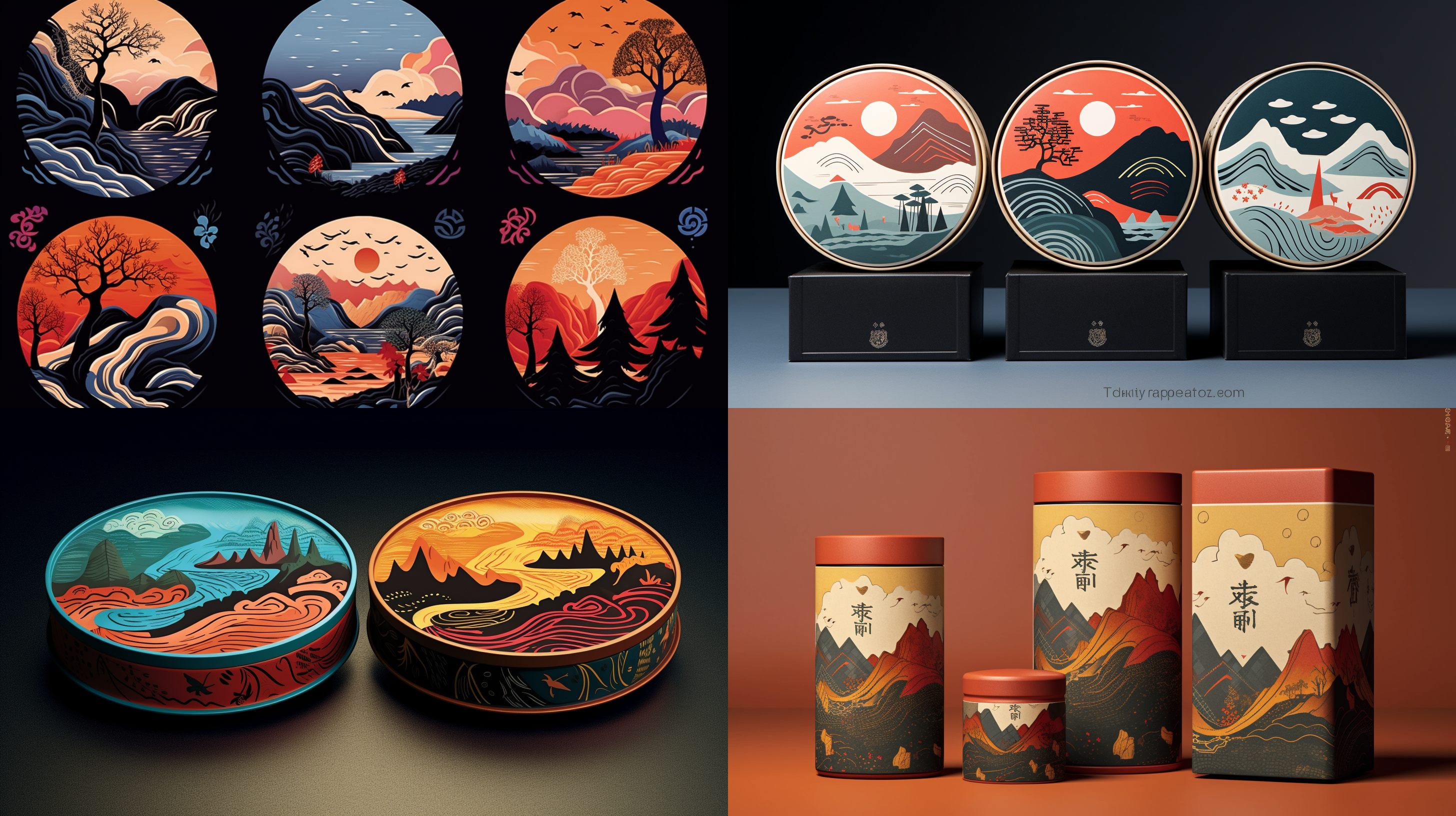 大凉山手绘插画，彝族漆器纹样，自然元素，鲜艳色彩，简洁大方，平面画，包装设计，浓重民族风，手绘风格，山地风景，独特文化，彩色饱和，温暖色调。