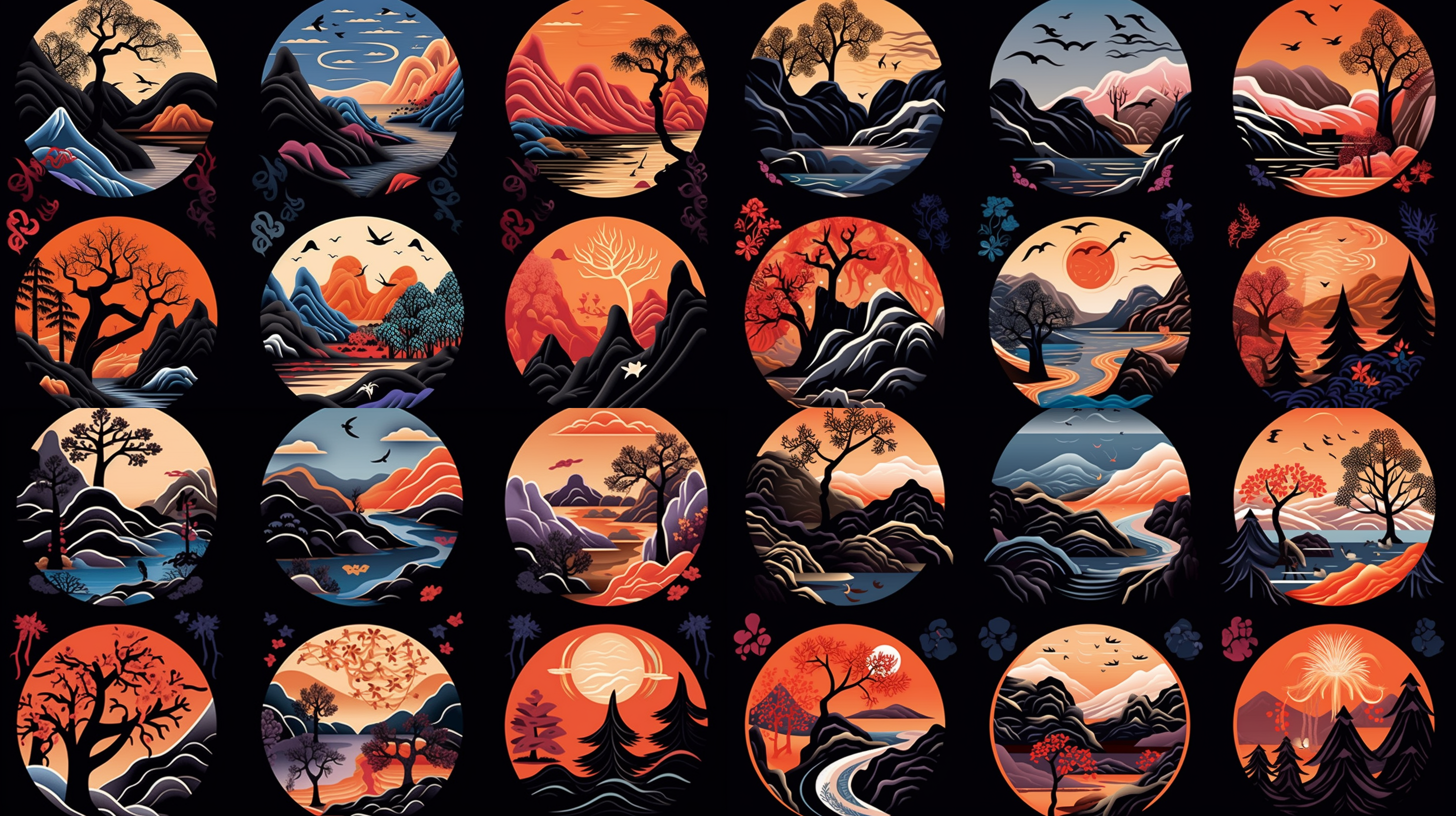 大凉山手绘插画，彝族漆器纹样，自然元素，鲜艳色彩，简洁大方，平面画，包装设计，浓重民族风，手绘风格，山地风景，独特文化，彩色饱和，温暖色调。