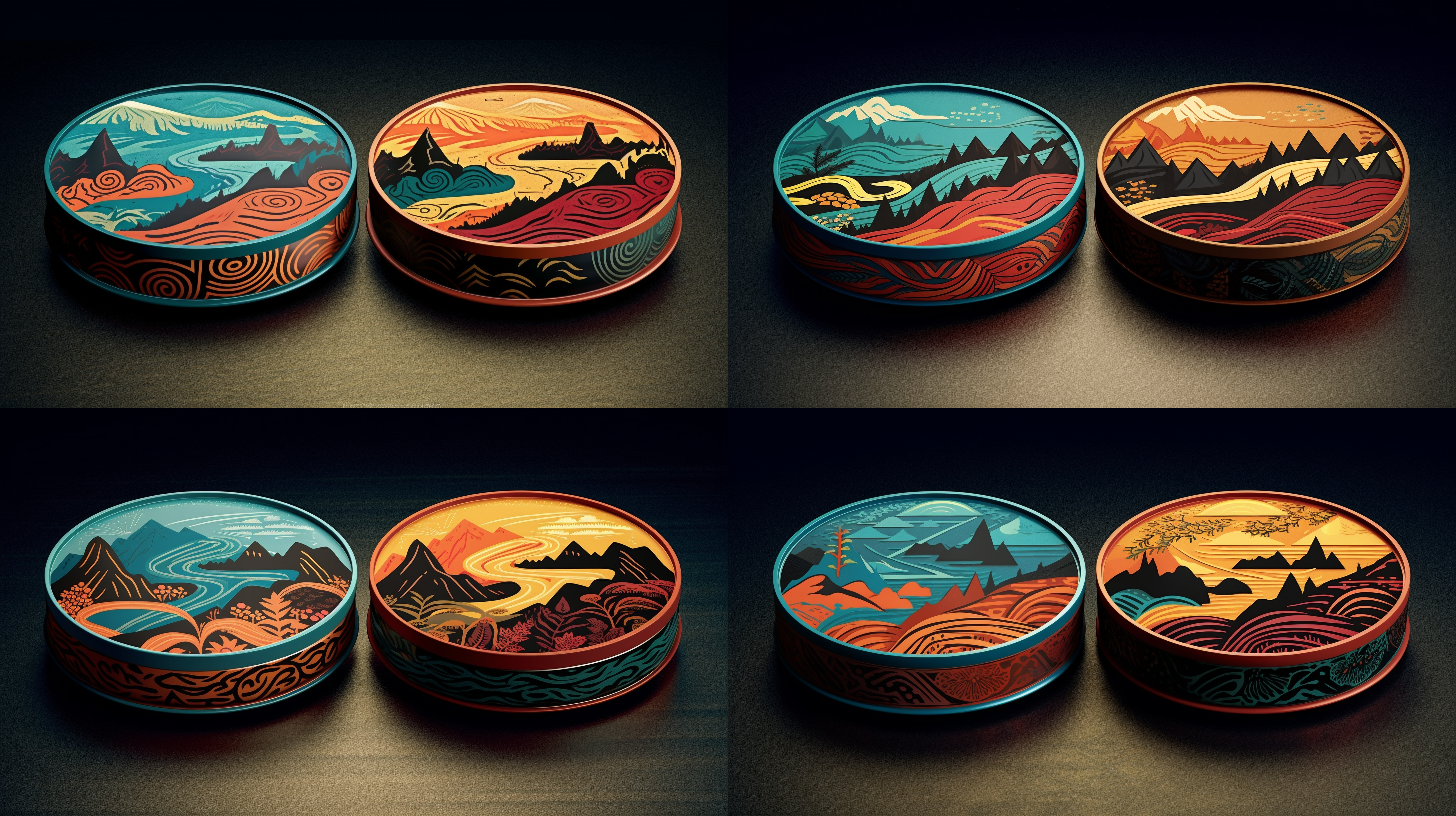 大凉山手绘插画，彝族漆器纹样，自然元素，鲜艳色彩，简洁大方，平面画，包装设计，浓重民族风，手绘风格，山地风景，独特文化，彩色饱和，温暖色调。