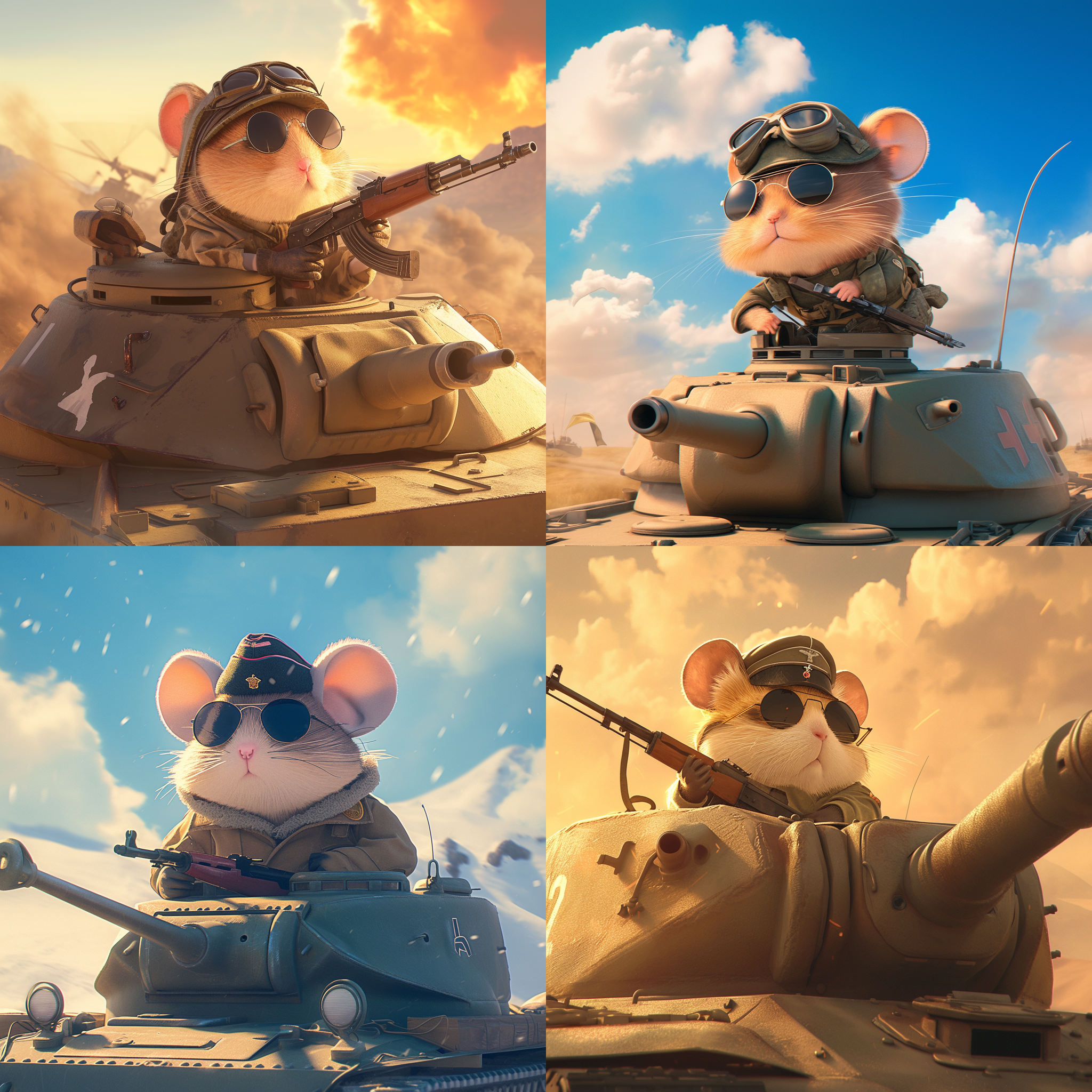 一只可爱的小仓鼠穿着军服，戴着军帽，戴着黑墨镜，手持ak47，坚定的眼神，站在虎式坦克，背景是二战时期，远景，全身显像，c4d建模，光线跟踪，丰富细节，动作丰富，超清，32k，动态姿势，高光， 清晰的背景