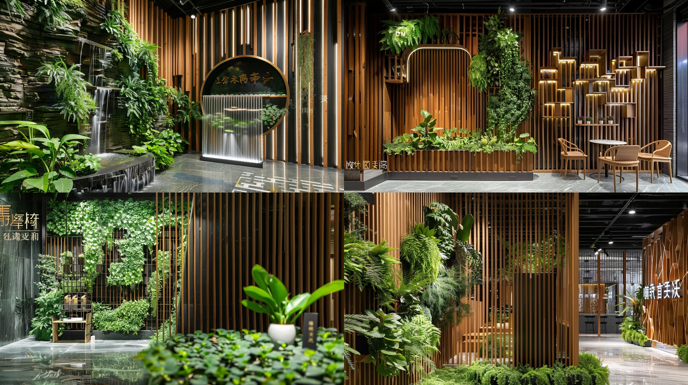 绿植文化墙，曲线元素，简洁大方，室内拍摄，明亮色调，中焦镜头，自然光