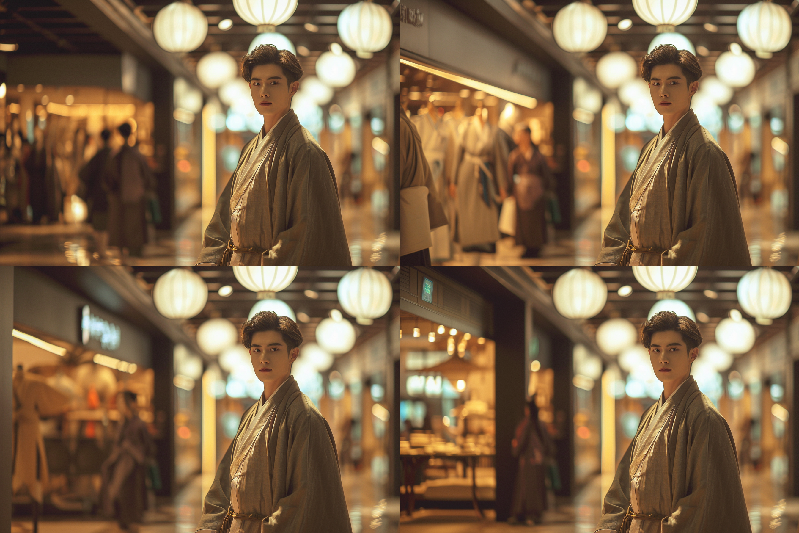 古风马面裙猛男，商场内，传统汉服，英俊威武，真实人物，中长焦镜头，逆光，端庄神态，暖色调，沉稳自信。