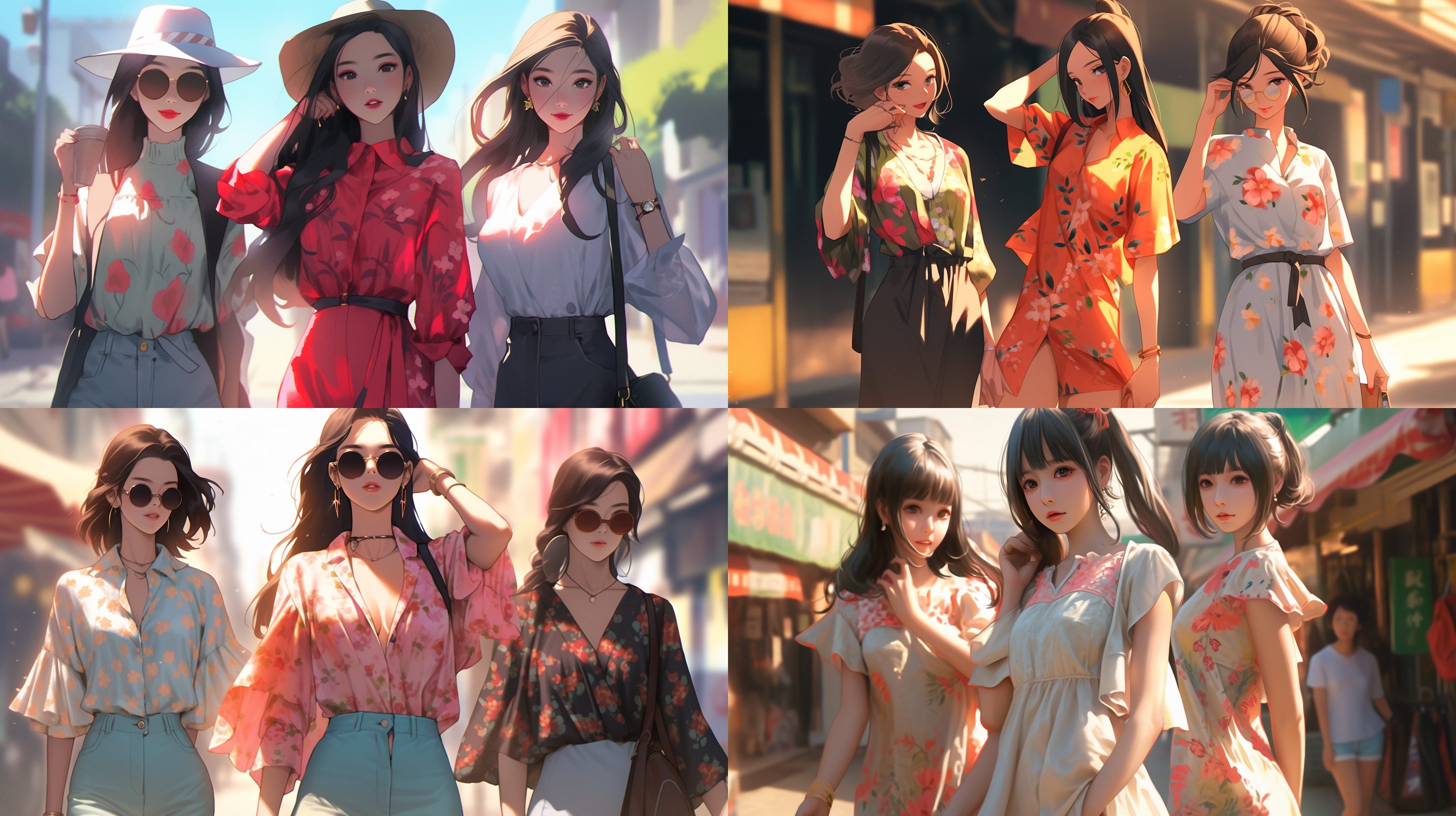 in summer day，under the sunshine，three asian beautiful girls, dressed in fashion, stroll on trendy streets,three or more fluorescent colors, bright colors in sunlight, front view, photography works,,in clothes