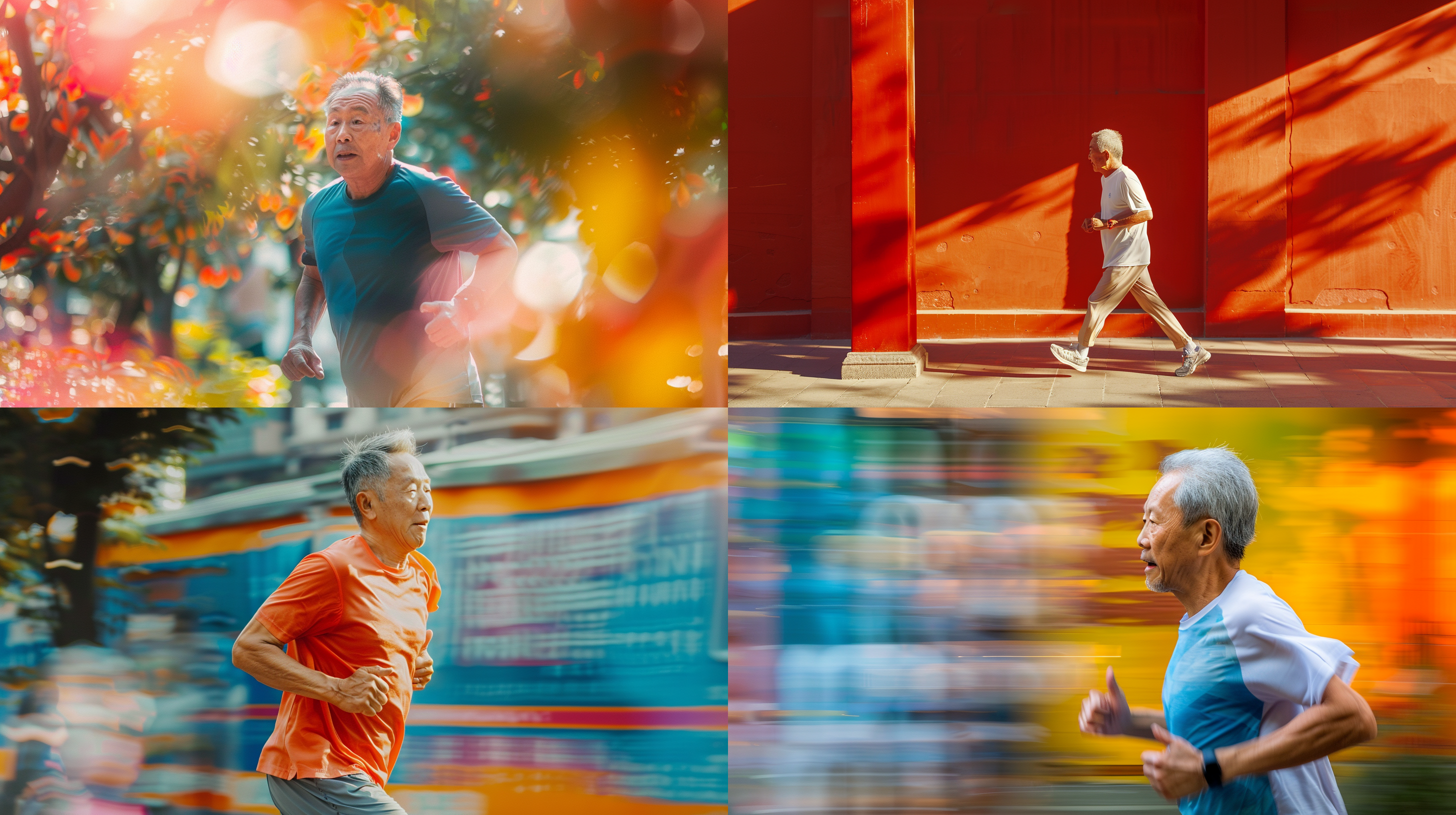 60岁中国男子跑步，短袖运动服，户外夏日，明亮色调，长焦镜头，动作流畅，微笑，全身照，