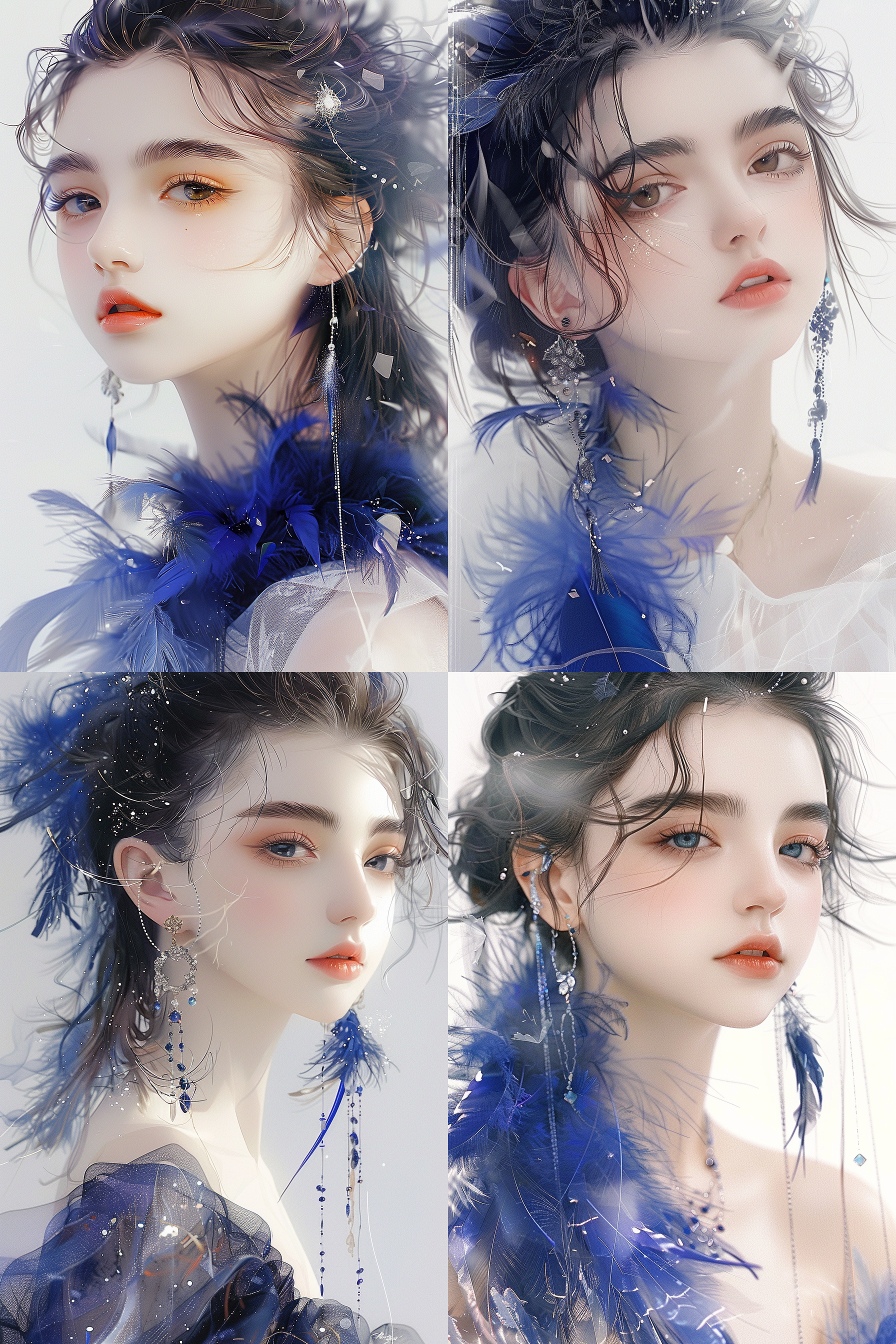 amazing cartoon face portraits, blue feathers, inspired by li shixing, popular on artstar, zhongyuan festival, highly photographic rendering, fictional bird fly, beauty, earrings, chiffon, she